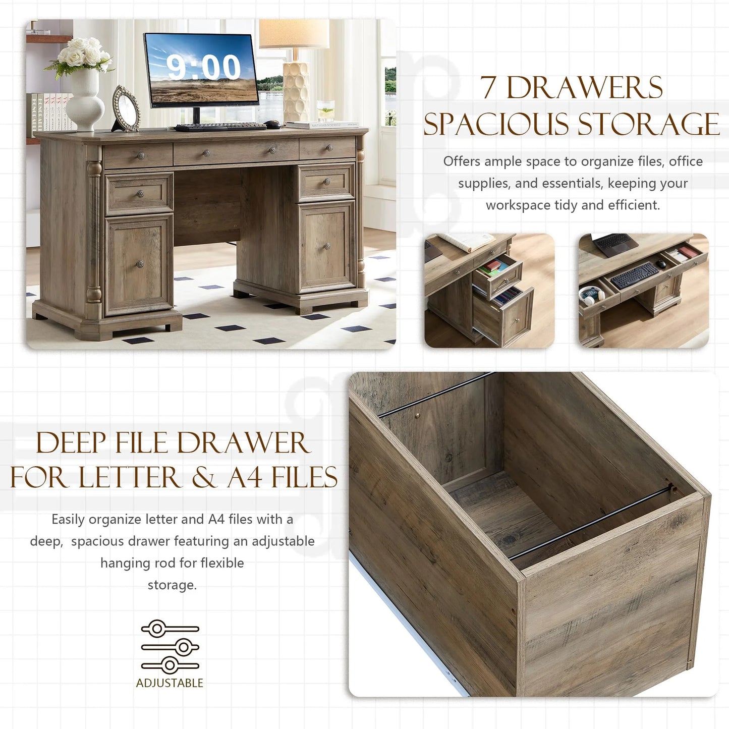 Brafabhome Executive Desk Computer Writing Desks with Charging Station, 55 x 20.5 in, Weathered Reclaimed Oak