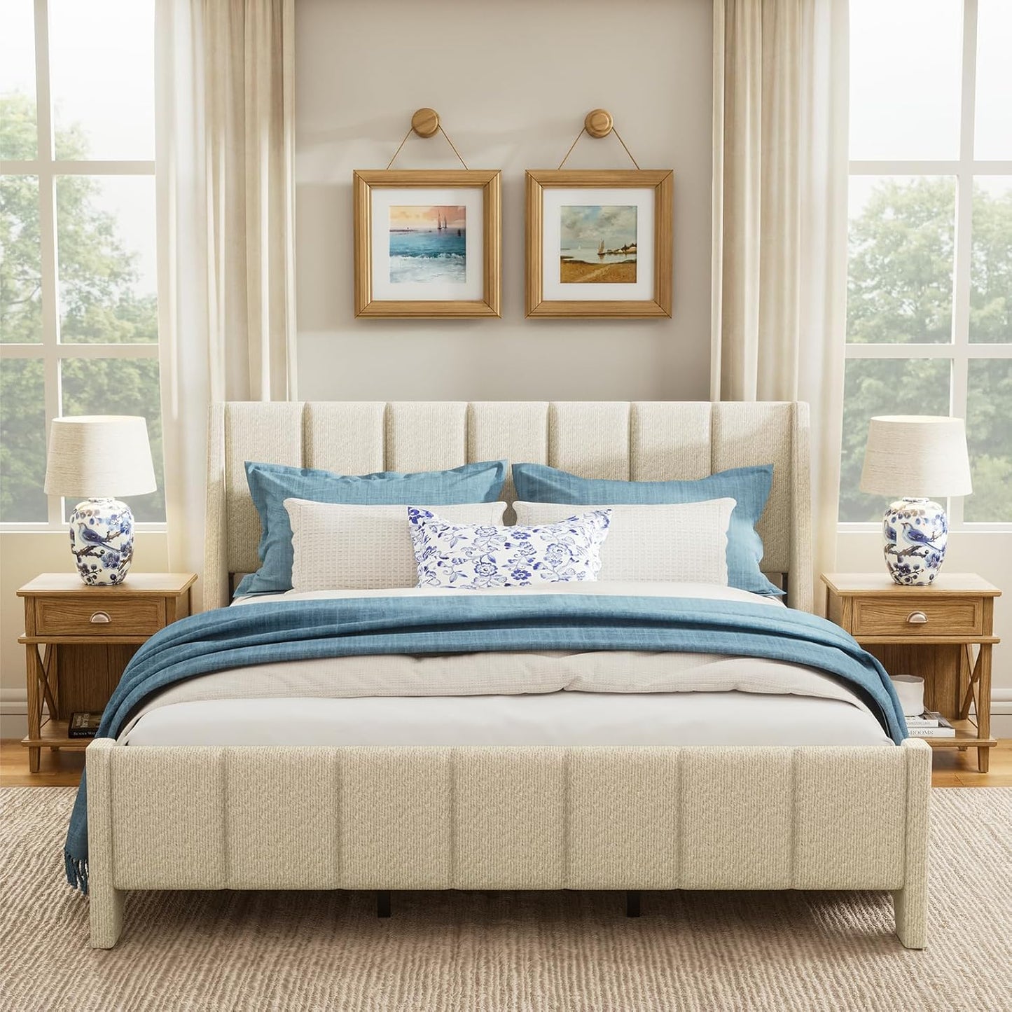 Brafabhome Beige Boucle Upholstered Bed Frame with Wingback Headboard, Modern Platform Bed with Wooden Slats, No Box Spring Needed, 800 lbs