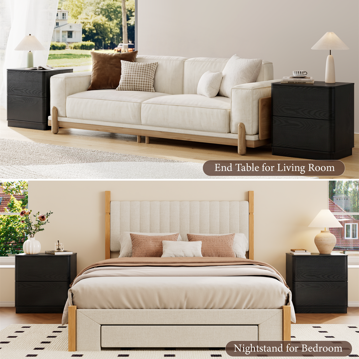 Brafabhome Wood Nightstands with 2 Drawers, Curved Profile Night Stand with Push to Open Drawer, Modern Bedside Tables with Storage for Bedroom