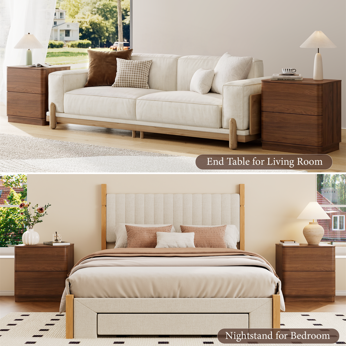 Brafabhome Wood Nightstands with 2 Drawers, Curved Profile Night Stand with Push to Open Drawer, Modern Bedside Tables with Storage for Bedroom