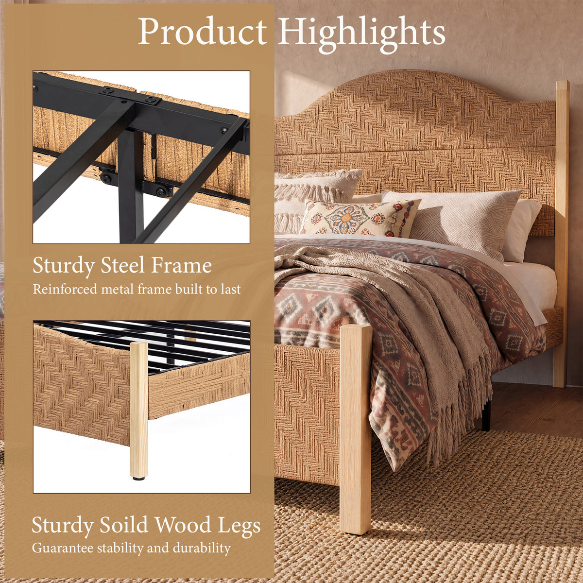 Brafabhome Bed Frame with Tall Headboard, Bohemian Hand-Woven PE Rattan Bedframe with Solid Wood Legs, No Box Spring Needed, 800lbs