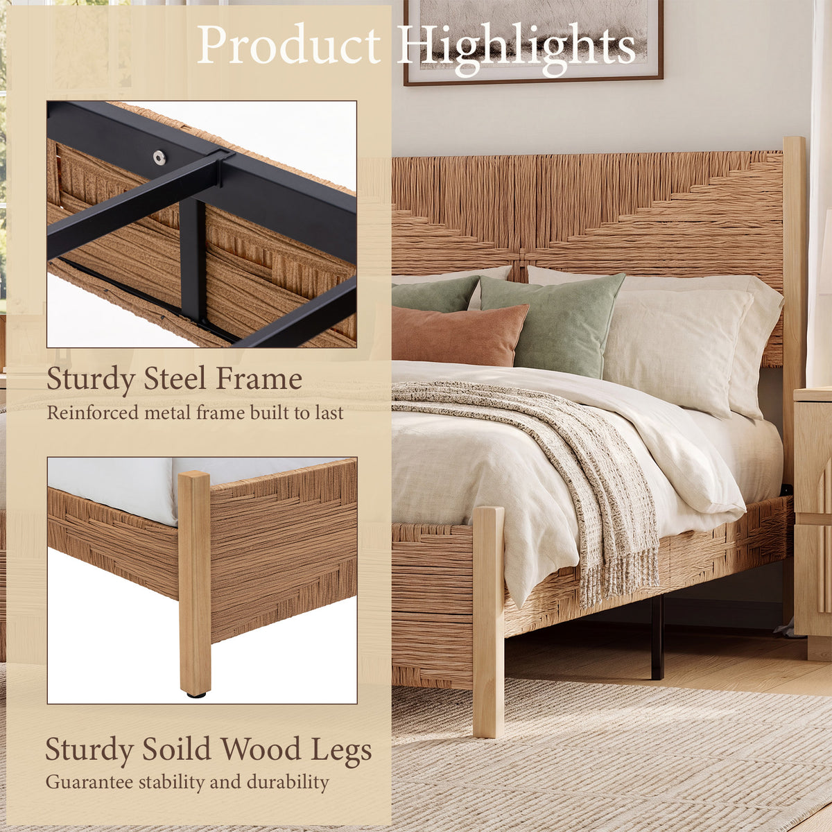 Brafabhome Solid Wood Bed Frame with Tall Headboard, Boho 3D Hand-Woven PE Rattan Bed Frame with Metal Slats, No Box Spring Needed, 1000 lbs