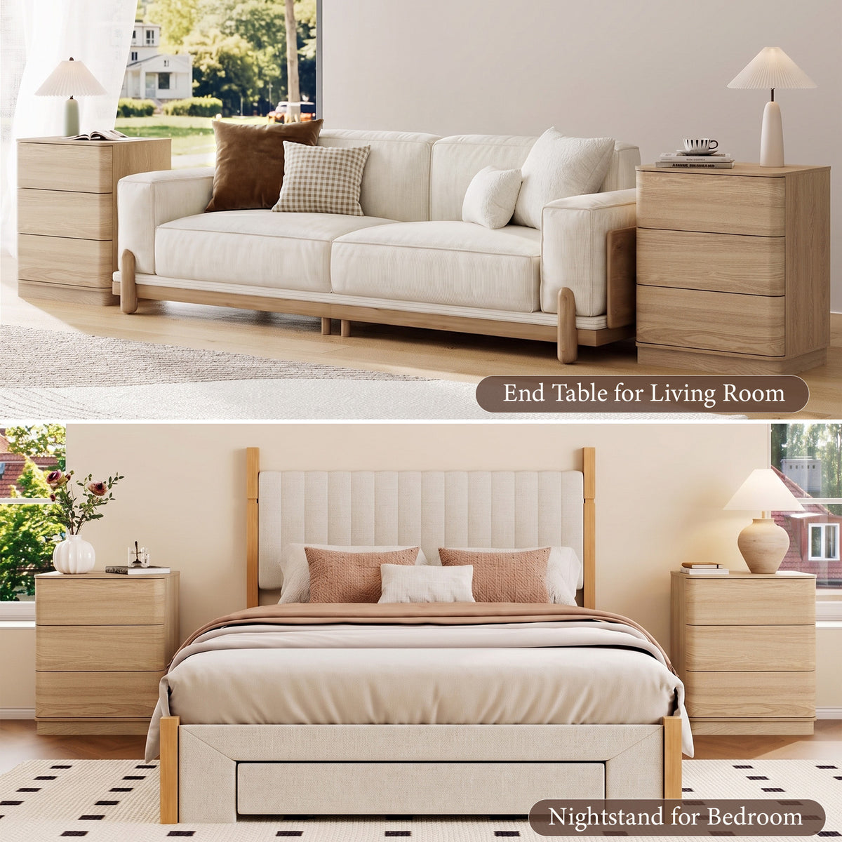 Brafabhome Wood Nightstands with 3 Drawers, Curved Profile Night Stand with Push to Open Drawer, Modern Bedside Tables with Storage for Bedroom