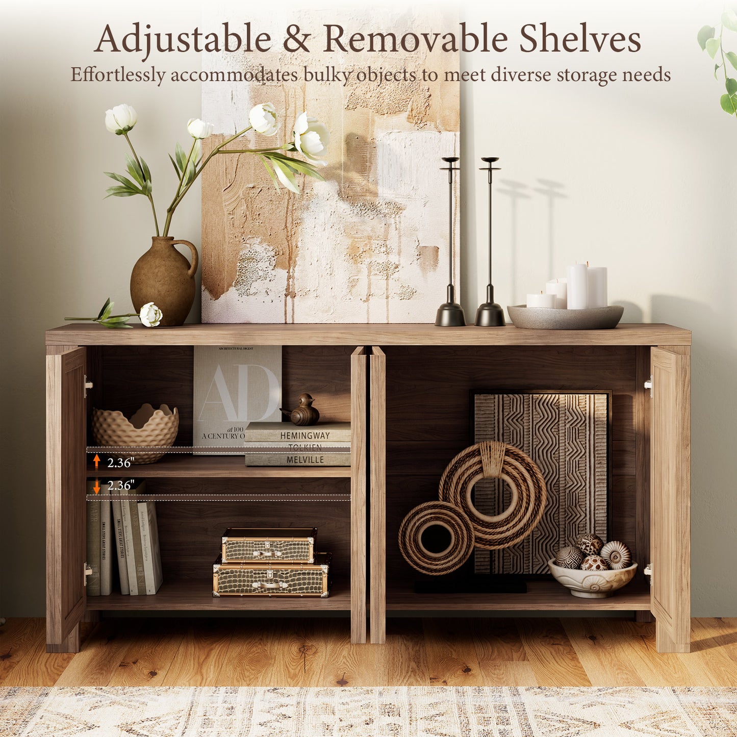 Brafabhome 63" Wide Sideboard with Solid Wood Handles, 4 Doors Buffet Cabinet with Storage Shelf for Living Room, Dining Room, Entryway