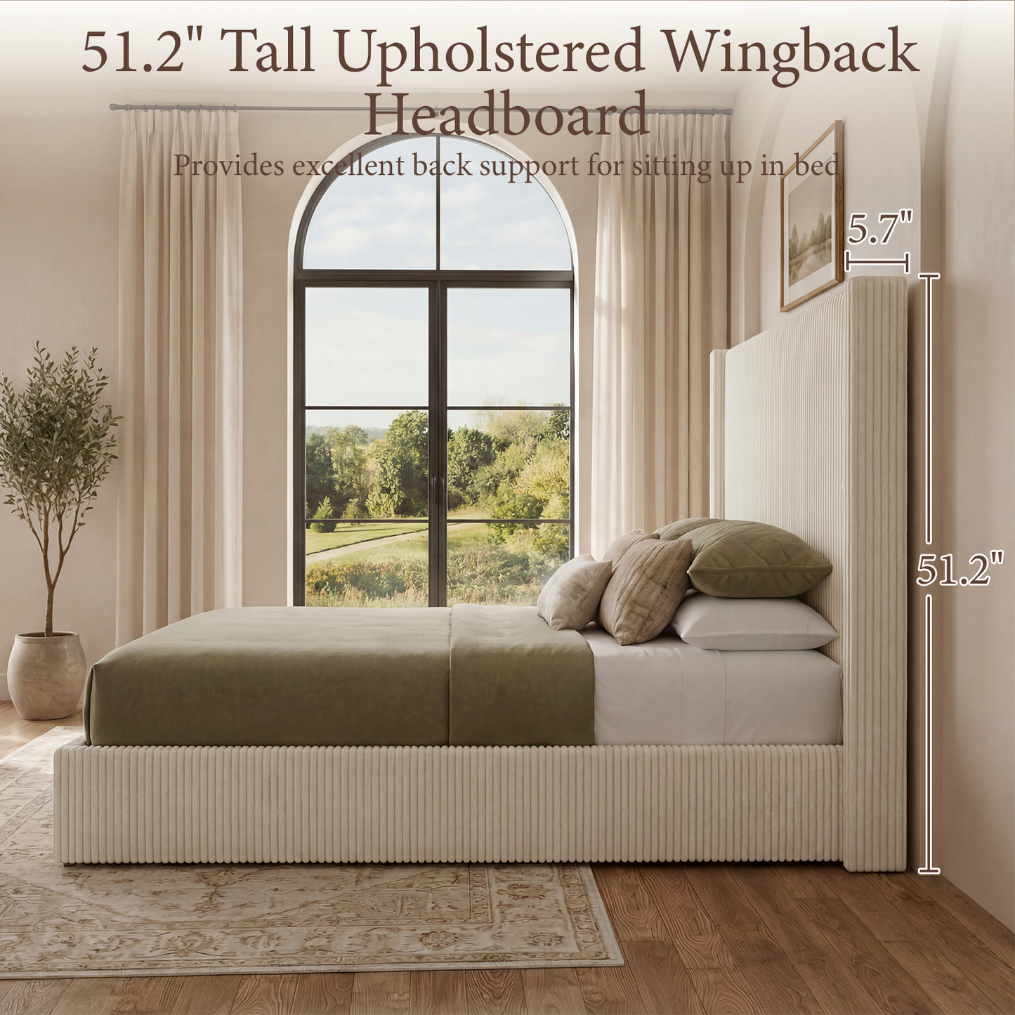 Brafabhome Bed Frame with Lift Up Storage, Corduroy Upholstered Platform Bed with 51.2" Tall Wingback Headboard, No Box Spring Needed | Beige