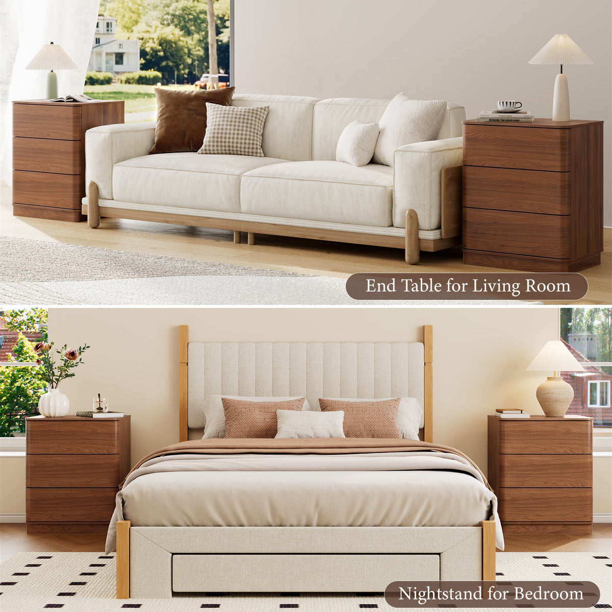 Brafabhome Wood Nightstands with 3 Drawers, Curved Profile Night Stand with Push to Open Drawer, Modern Bedside Tables with Storage for Bedroom