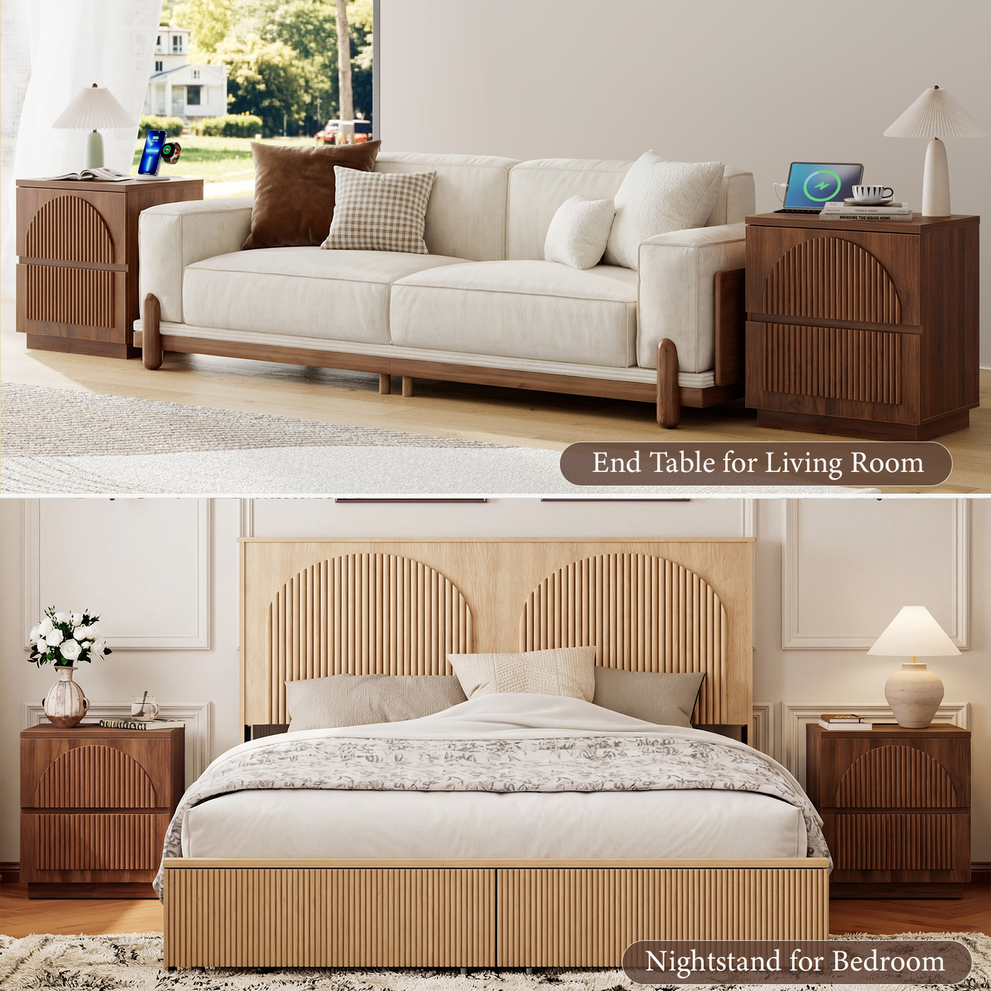 Brafabhome Wood Nightstands with Charging Station, Arched Reeded Night Stand with 2 Drawers, Modern Bedside Tables for Bedroom Living Room