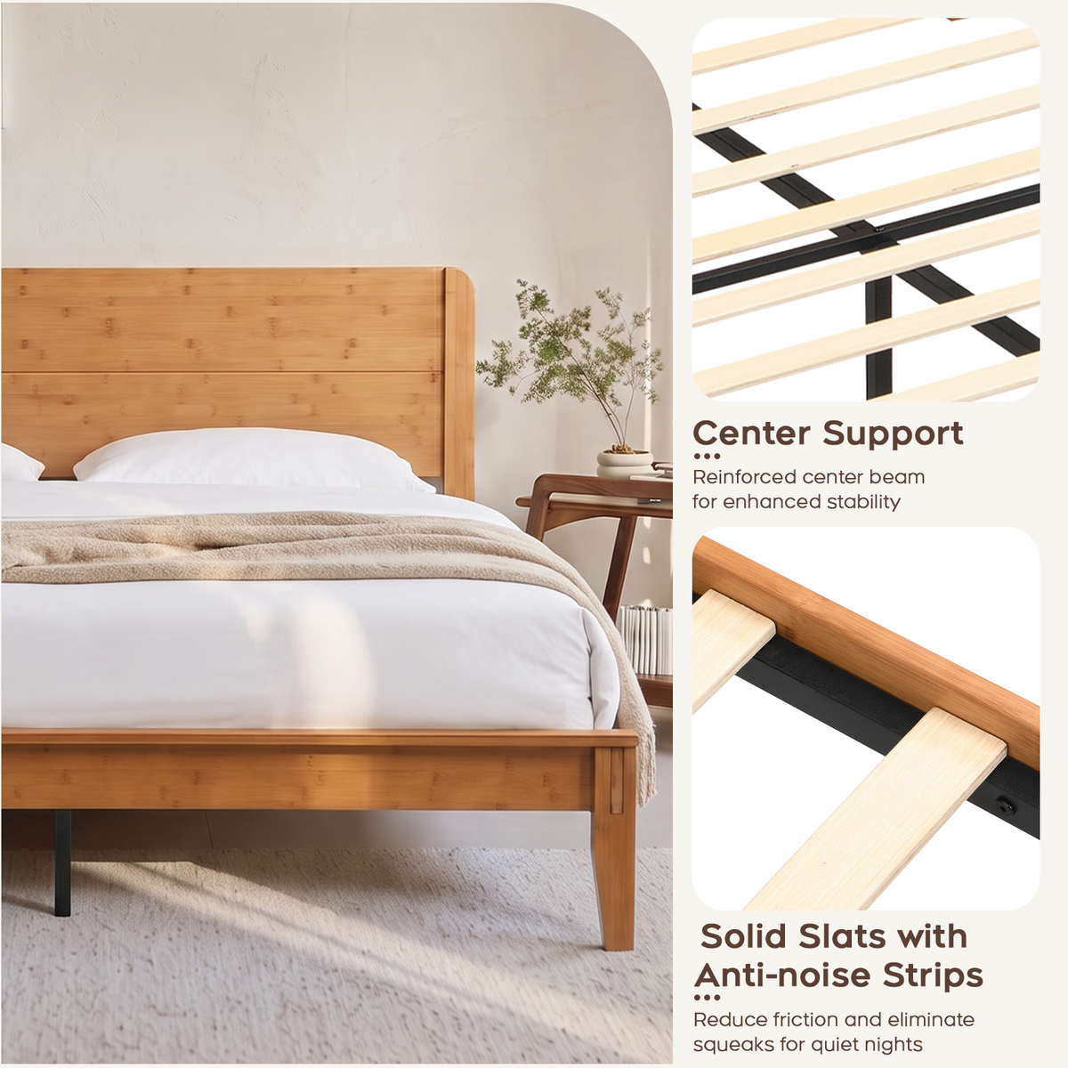 Brafabhome Bamboo Wood Bed Frame with Headboard, Joinery-Inspired Wood Platform Bed Frame, Easy Assembly, No Box Spring Needed