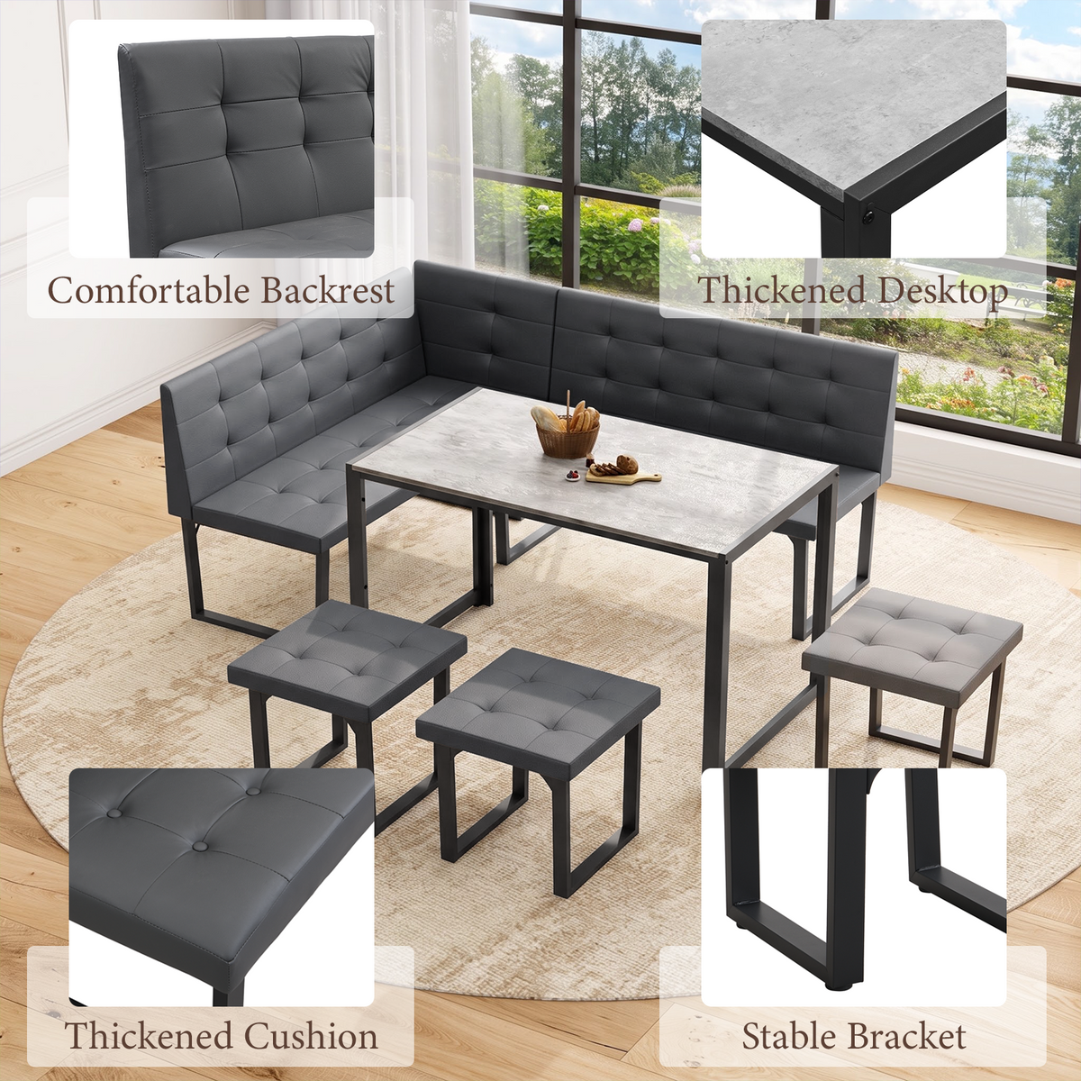 Brafabhome 5 Piece 70 Inch Corner Dining Table Set, Modern L-Shaped Breakfast Nook with Upholstered Banquette, Kitchen Table with Storage for 6, Easy Assembly | Gray