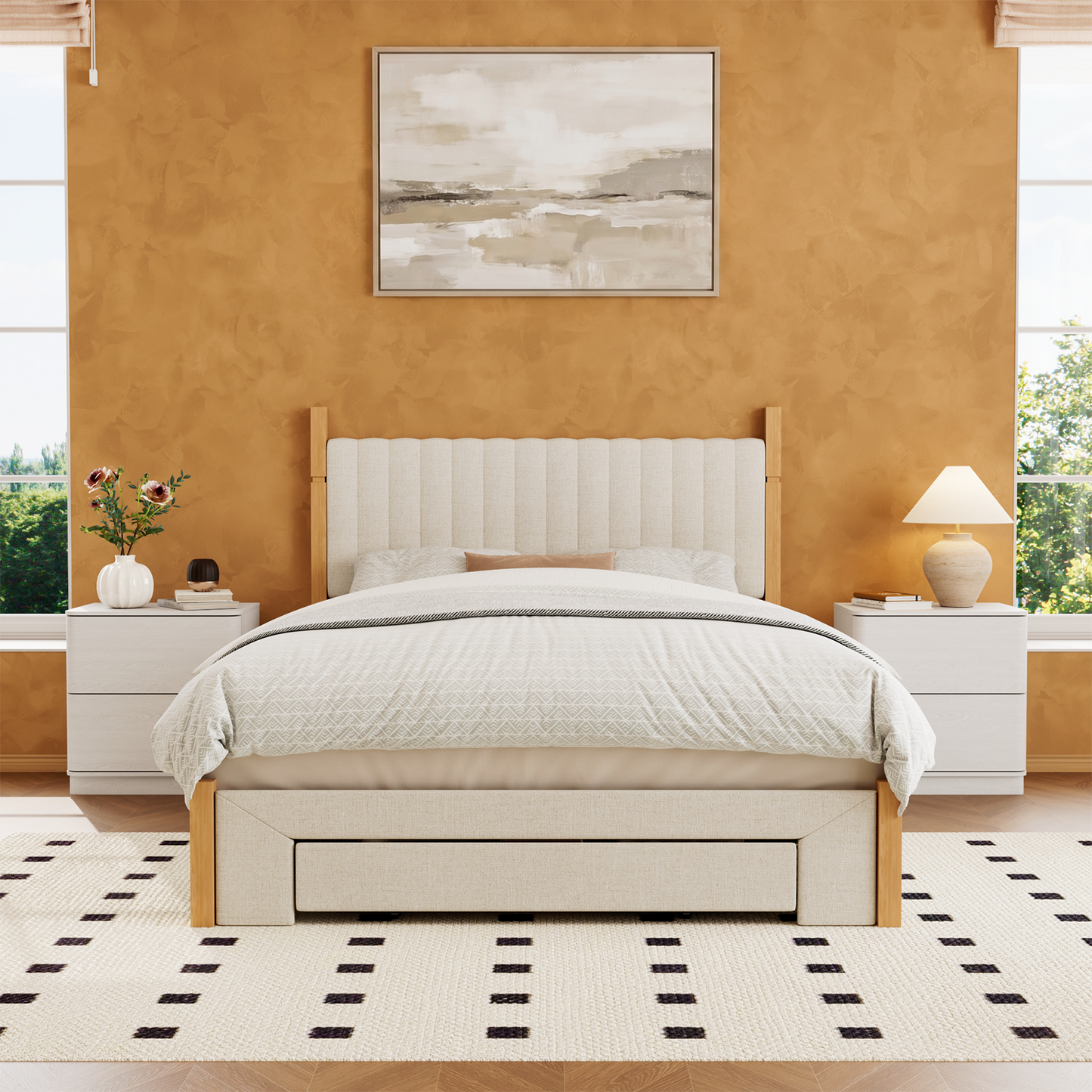 Brafabhome Queen Bed Frame with Upholstered Headboard, Modern Wood Platform Bed Frame with 3 Storage Drawers, No Box Spring Needed, Beige Linen