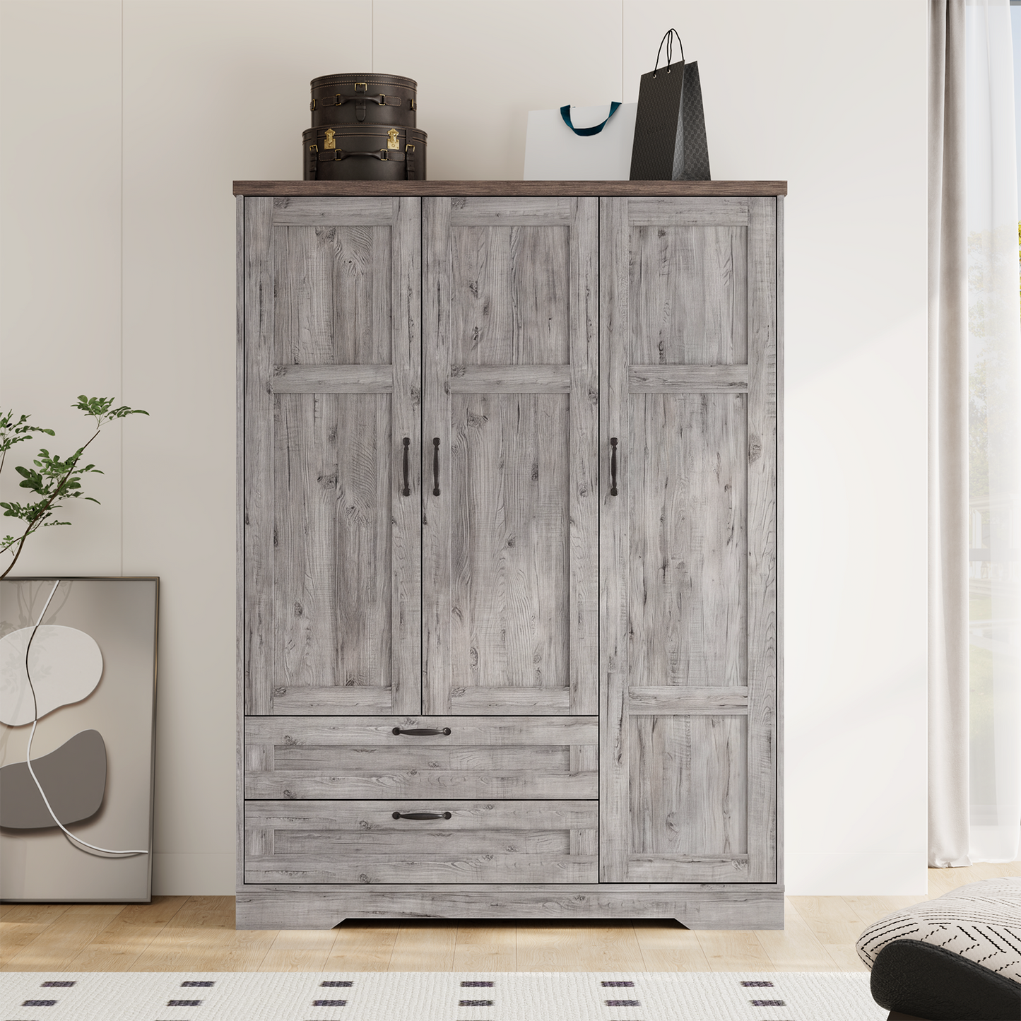 Brafabhome 62"H Wooden Armoire Wardrobe Closet with 2 Drawers, 3 Doors Modern Wardrobe Cabinet with Mirror and Adjustable Shelf for Clothes Coats