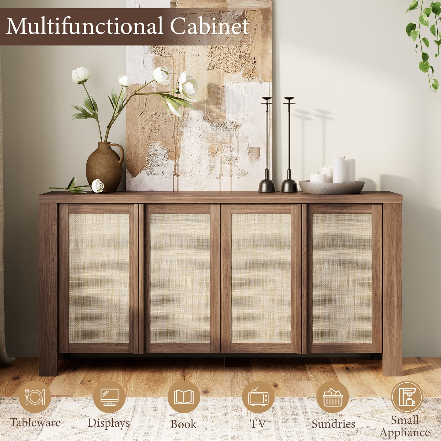 Brafabhome 63" Wide Sideboard with Solid Wood Handles, 4 Doors Buffet Cabinet with Storage Shelf for Living Room, Dining Room, Entryway