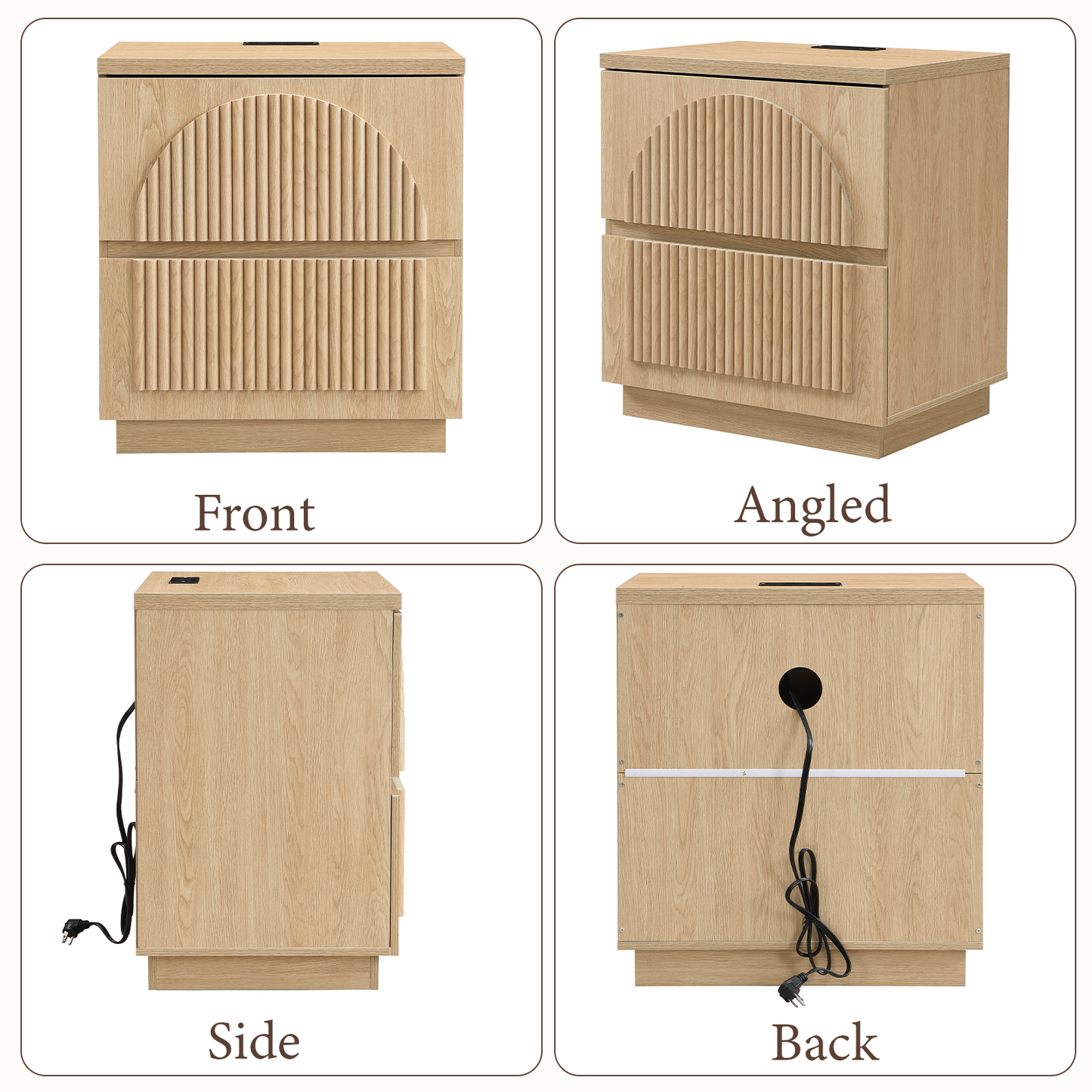 Brafabhome Wood Nightstands with Charging Station, Arched Reeded Night Stand with 2 Drawers, Modern Bedside Tables for Bedroom Living Room