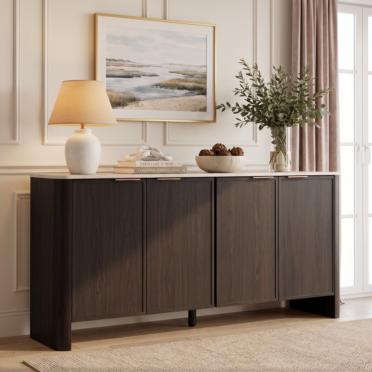 Brafabhome Modern Curved Buffet Cabinet with Storage, 63" Wide Wooden Modular Sideboard Cabinet with Faux Marble Top & Adjustable Shelf for Living Room Dining Room