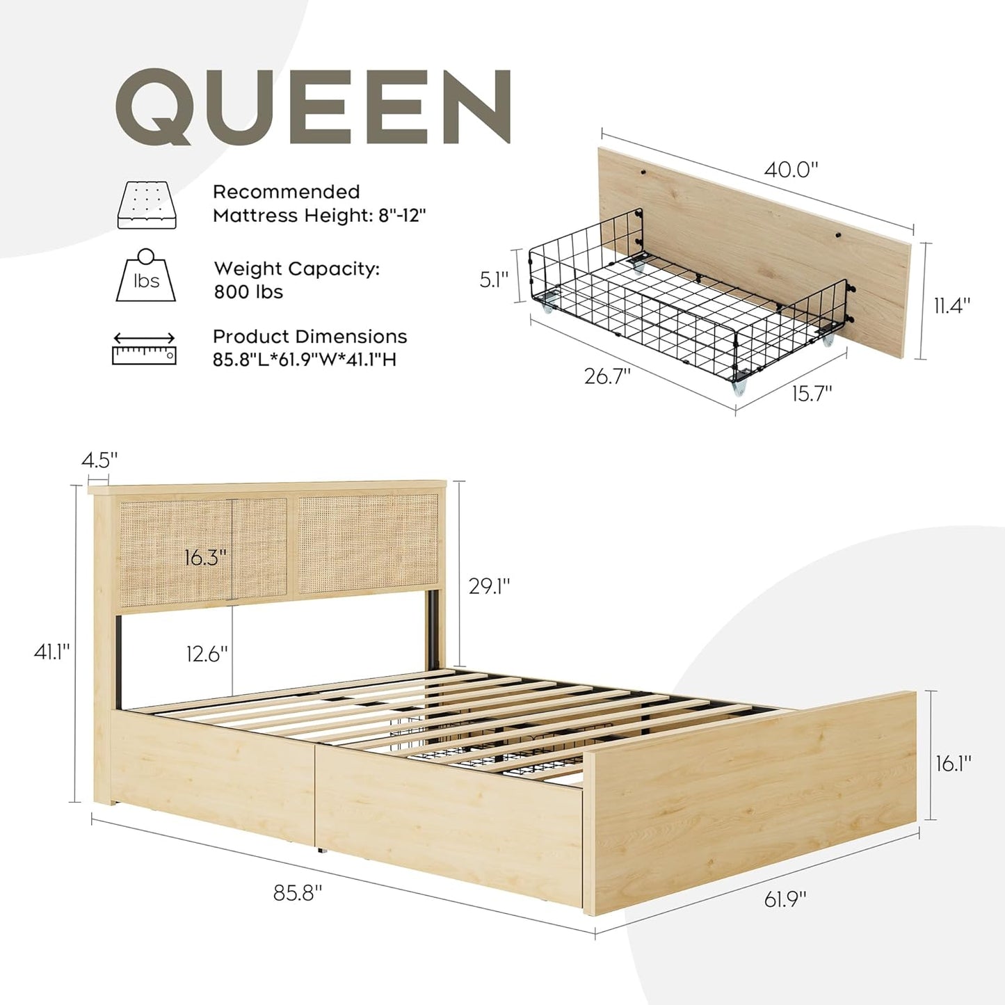 Brafabhome Rattan Bed Frames with Headboard, Wood Platform Bed Frame with 4 Storage Drawers, Mattress Foundation Noise-Free | Beige