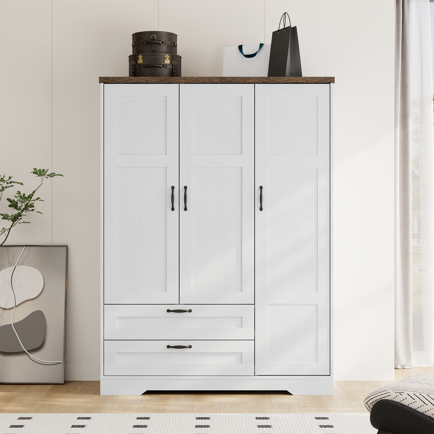 Brafabhome 62"H Wooden Armoire Wardrobe Closet with 2 Drawers, 3 Doors Modern Wardrobe Cabinet with Mirror and Adjustable Shelf for Clothes Coats