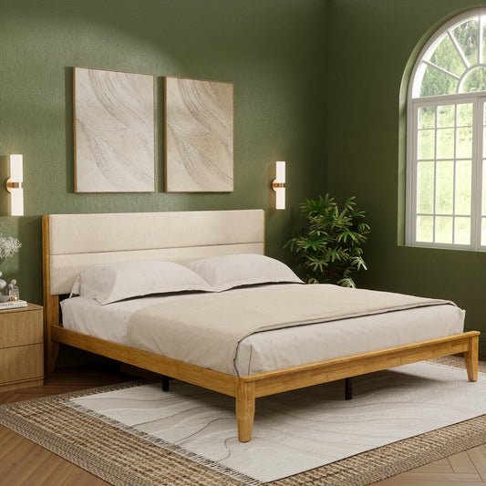 Brafabhome Bed Frame with Upholstered Headboard, Joinery Bamboo Wood Platform Bed with Noise Free Wood Slats, No Box Spring Needed, Easy Assembly