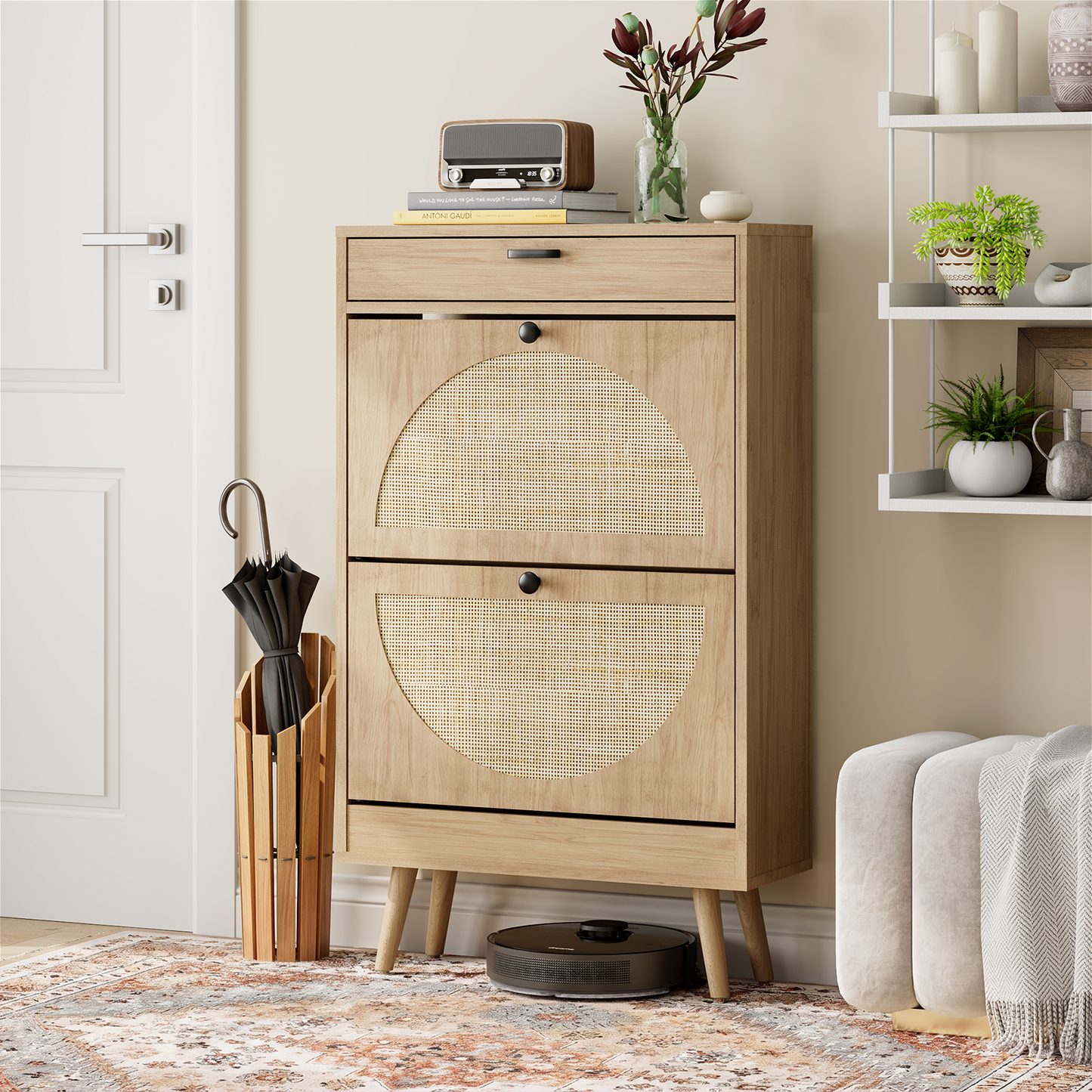 Brafabhome Narrow Shoe Storage Cabinet with 2 Flip Drawers, Rattan Floor Shoe Holder with Shelves & Sturdy Legs for Entryway | 12 Pairs