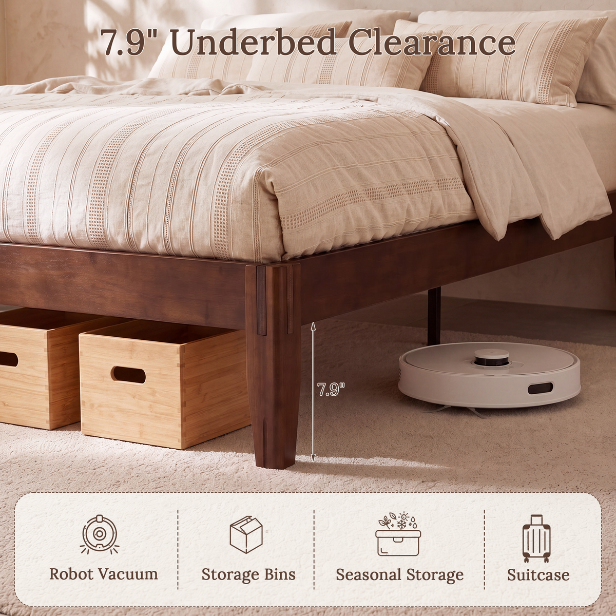 Brafabhome Bamboo Platform Bed Frame with Sturdy Support Legs, Joinery Bed Frame with Noise Free Solid Wood Slats, 4 Mattress Stoppers, No Box Spring Needed, Easy Assembly