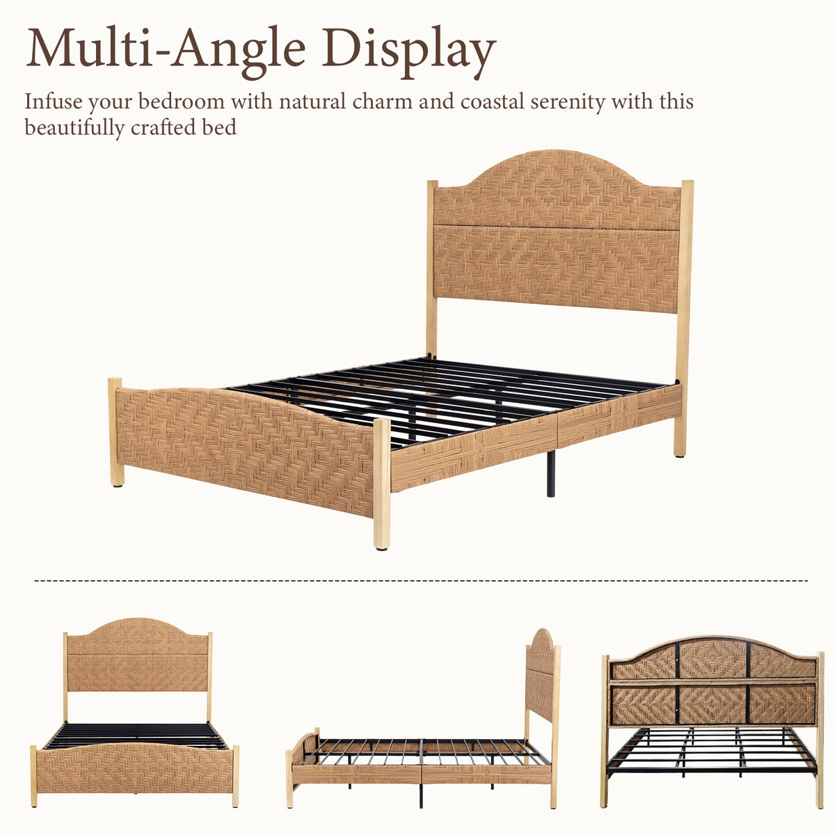 Brafabhome Bed Frame with Tall Headboard, Bohemian Hand-Woven PE Rattan Bedframe with Solid Wood Legs, No Box Spring Needed, 800lbs