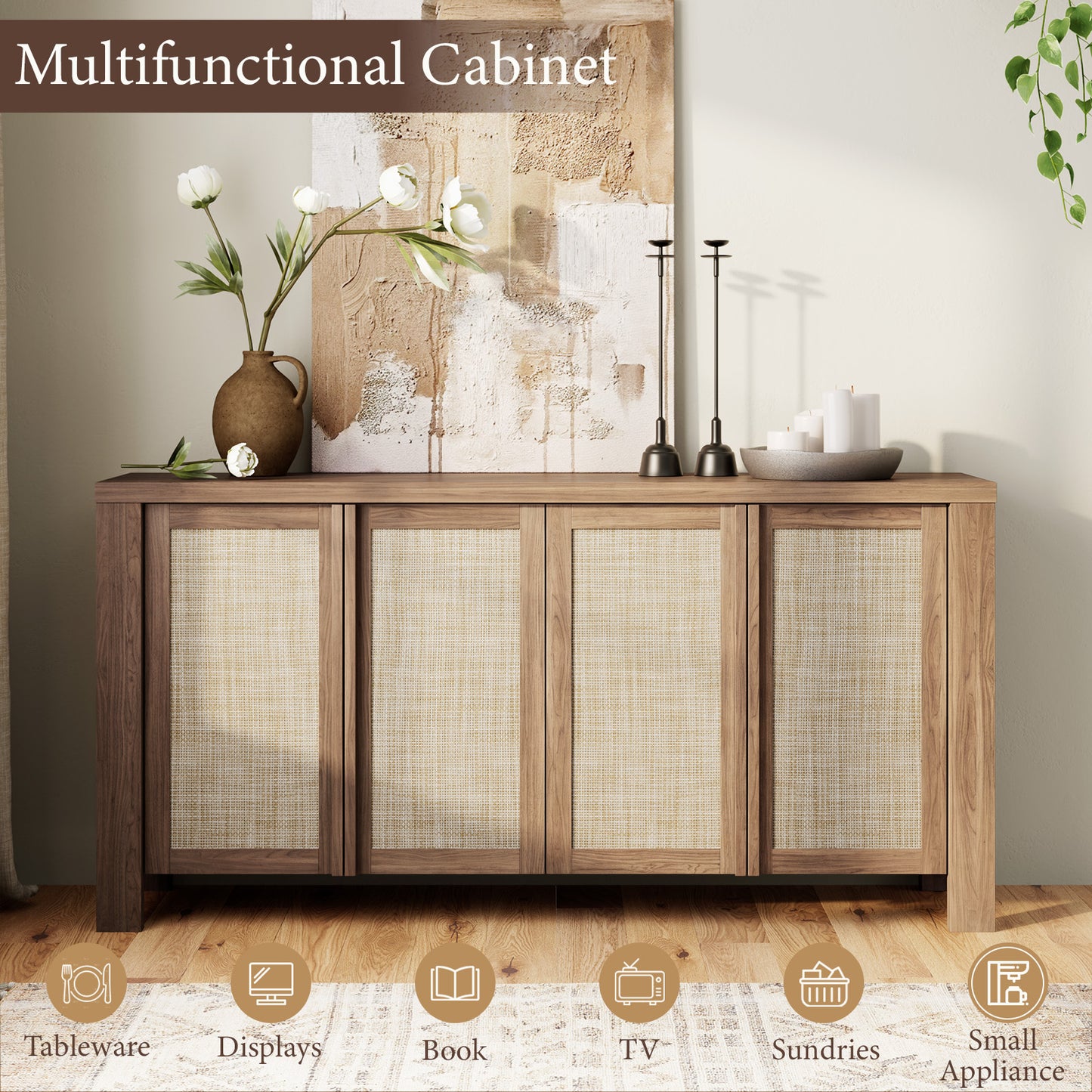 Brafabhome 63" Wide Sideboard with Solid Wood Handles, 4 Doors Buffet Cabinet with Storage Shelf for Living Room, Dining Room, Entryway