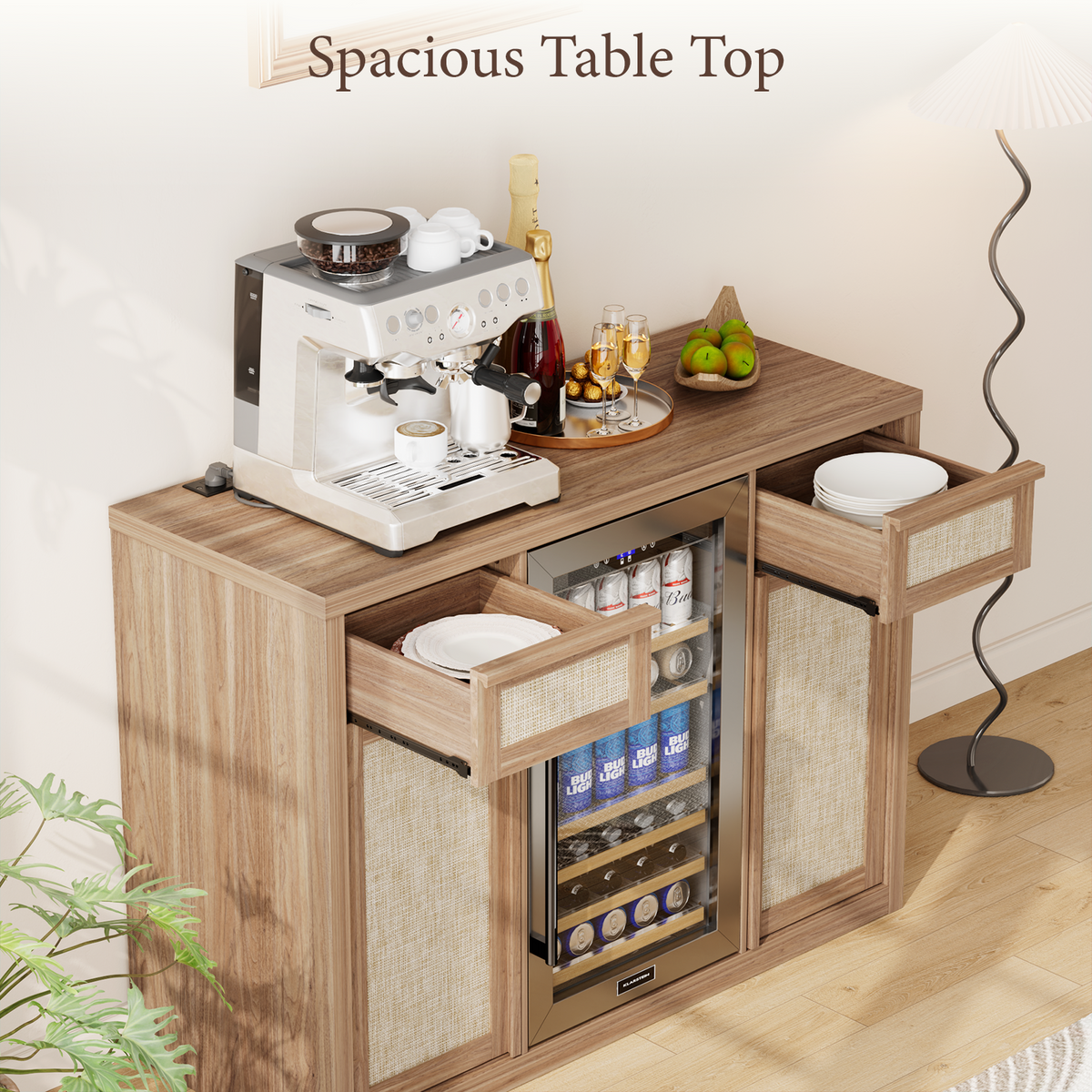 Brafabhome Wine Bar Cabinet with Fridge Space, Liquor Coffee Station with Glass Holder, Snack Organizer with Storage, Mini Fridge Cabinet With Charging Station for Home Theater or Game Room