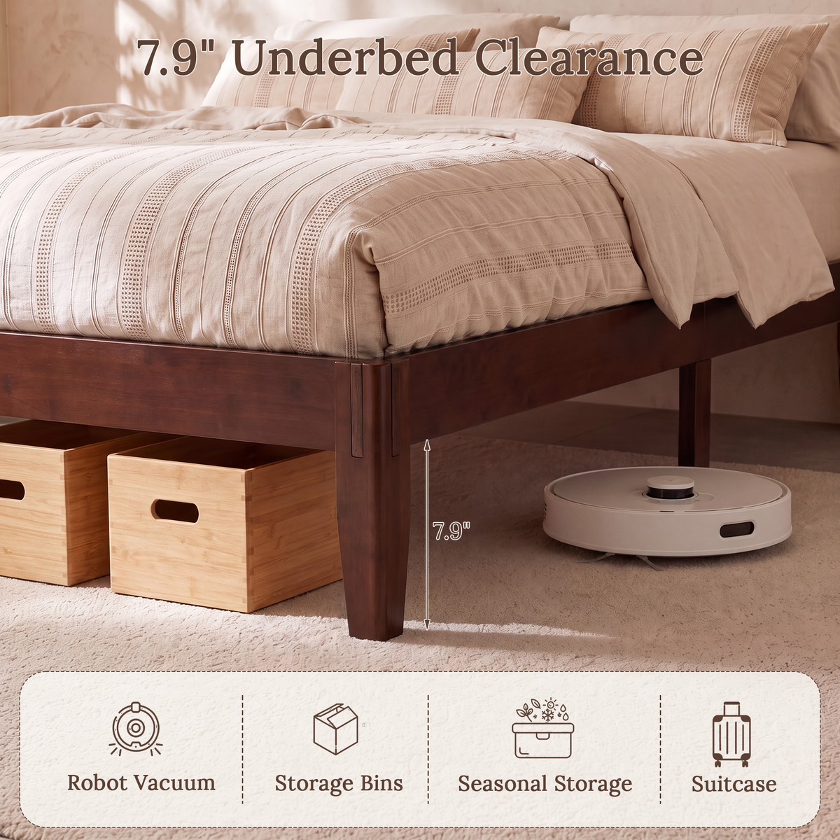 Brafabhome Bamboo Queen Platform Bed Frame with Sturdy Support Legs, Joinery Bed Frame with Noise Free Solid Wood Slats, No Box Spring Needed, Easy Assembly