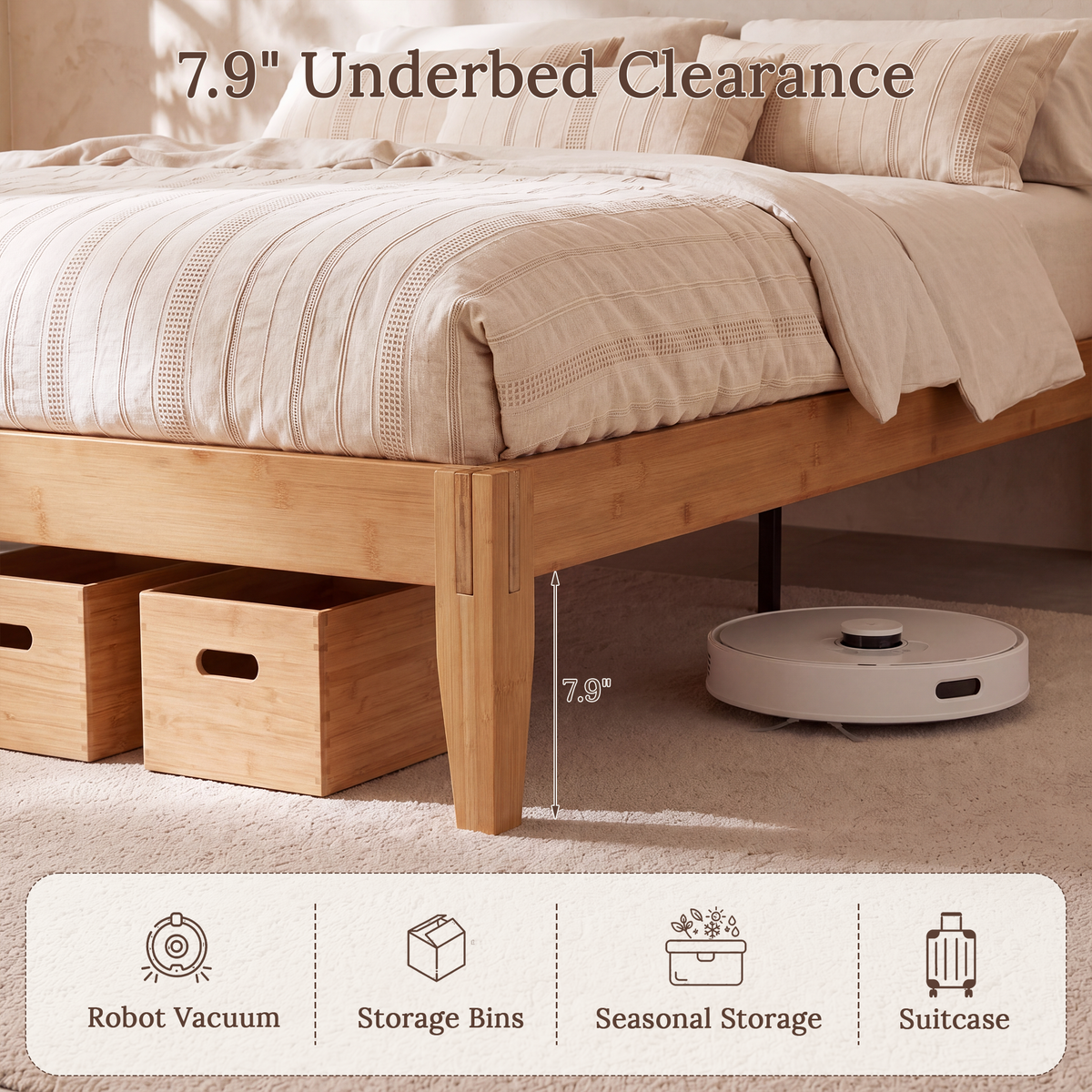 Brafabhome Bamboo Platform Bed Frame with Sturdy Support Legs, Joinery Bed Frame with Noise Free Solid Wood Slats, 4 Mattress Stoppers, No Box Spring Needed, Easy Assembly