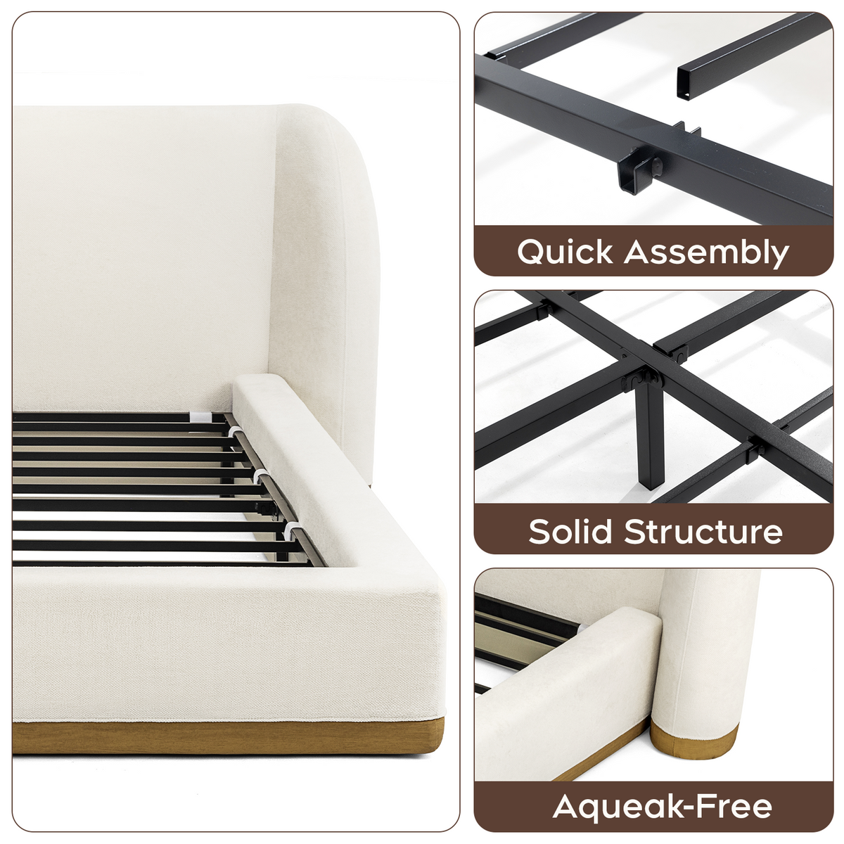 Brafabhome Cloud Bed Frame with Sculpted Wingback Headboard, Upholstered Platform Bed Frame with Wood-Grain Leather-Look Contrast, No Box Spring Needed, Easy Assembly