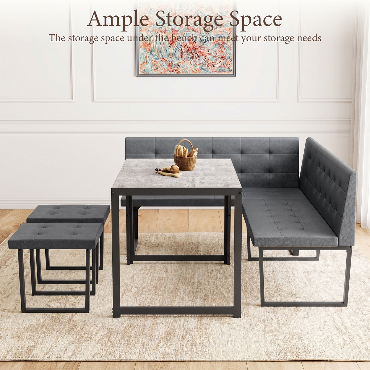 Brafabhome 5 Piece 70 Inch Corner Dining Table Set, Modern L-Shaped Breakfast Nook with Upholstered Banquette, Kitchen Table with Storage for 6, Easy Assembly | Gray