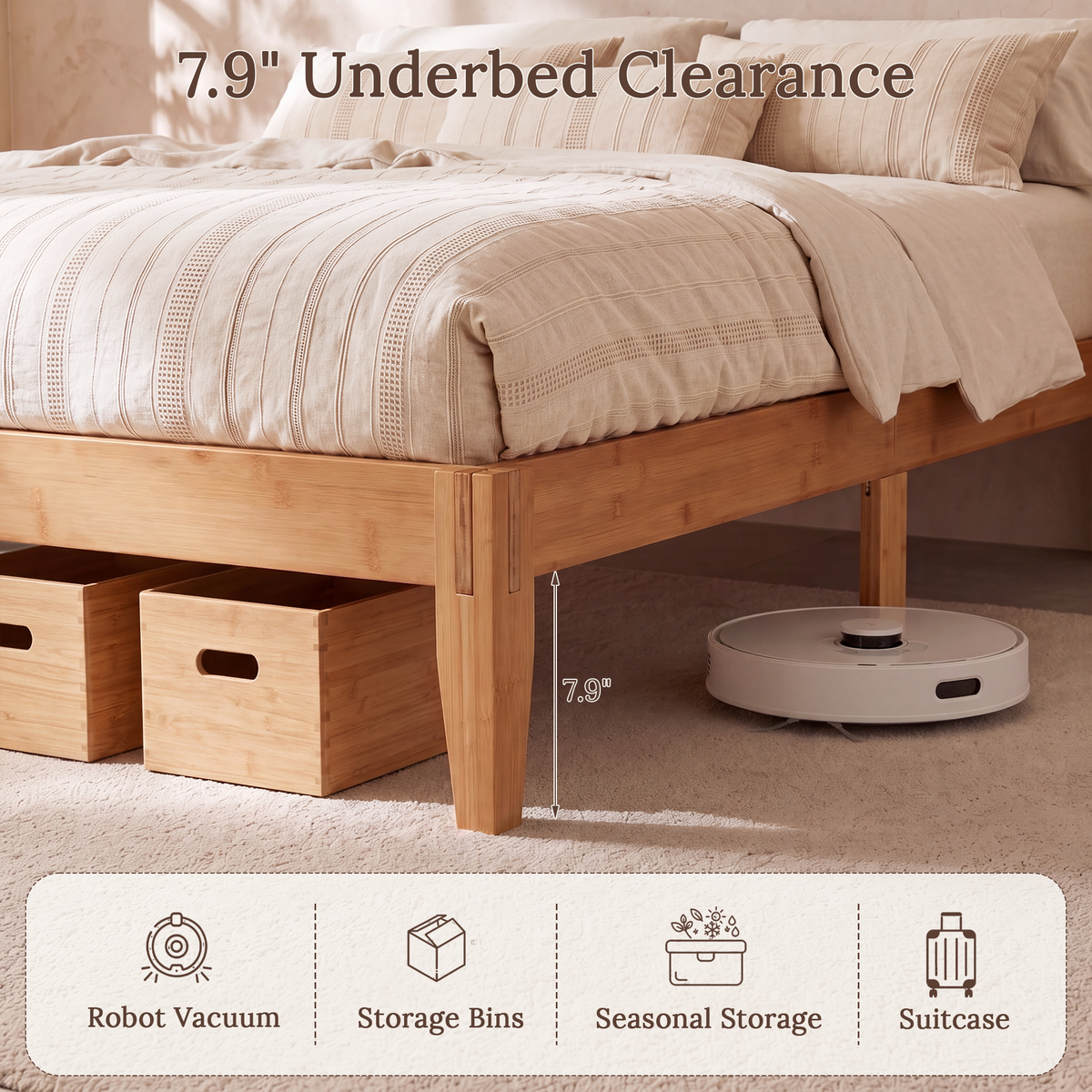 Brafabhome Bamboo Queen Platform Bed Frame with Sturdy Support Legs, Joinery Bed Frame with Noise Free Solid Wood Slats, No Box Spring Needed, Easy Assembly