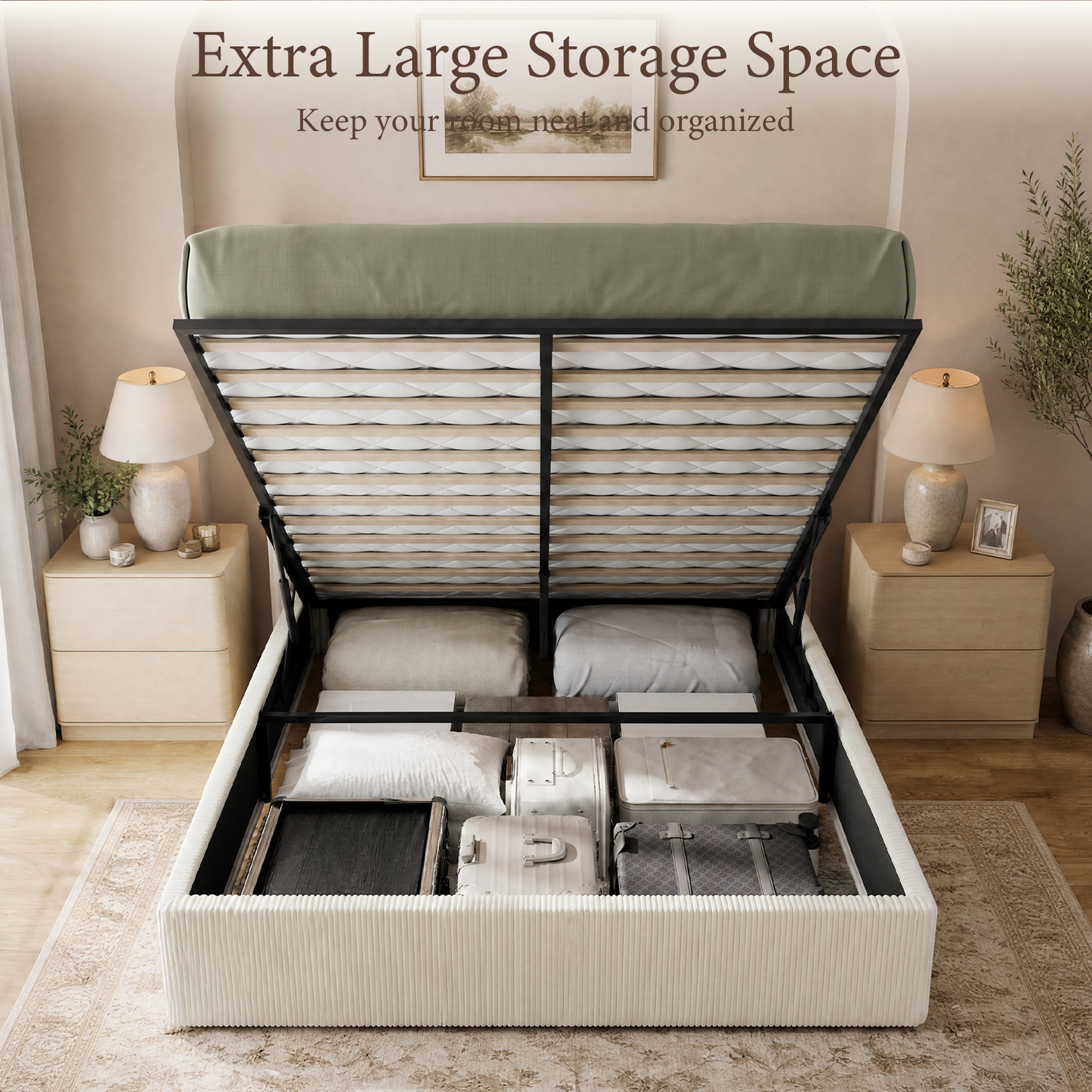 Brafabhome Bed Frame with Lift Up Storage, Corduroy Upholstered Platform Bed with 51.2" Tall Wingback Headboard, No Box Spring Needed | Beige