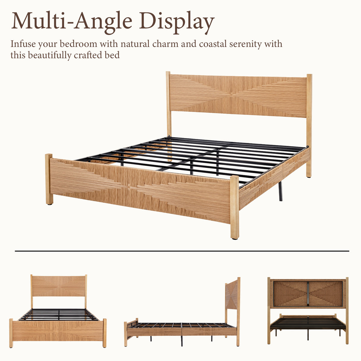 Brafabhome Solid Wood Bed Frame with Tall Headboard, Boho 3D Hand-Woven PE Rattan Bed Frame with Metal Slats, No Box Spring Needed, 1000 lbs