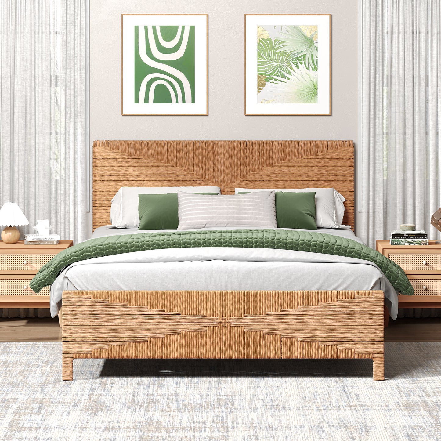 Brafabhome Bohemian Bed Frame with Hand-Woven Rattan Headboard and Footboard, No Box Spring Needed, 1000lbs