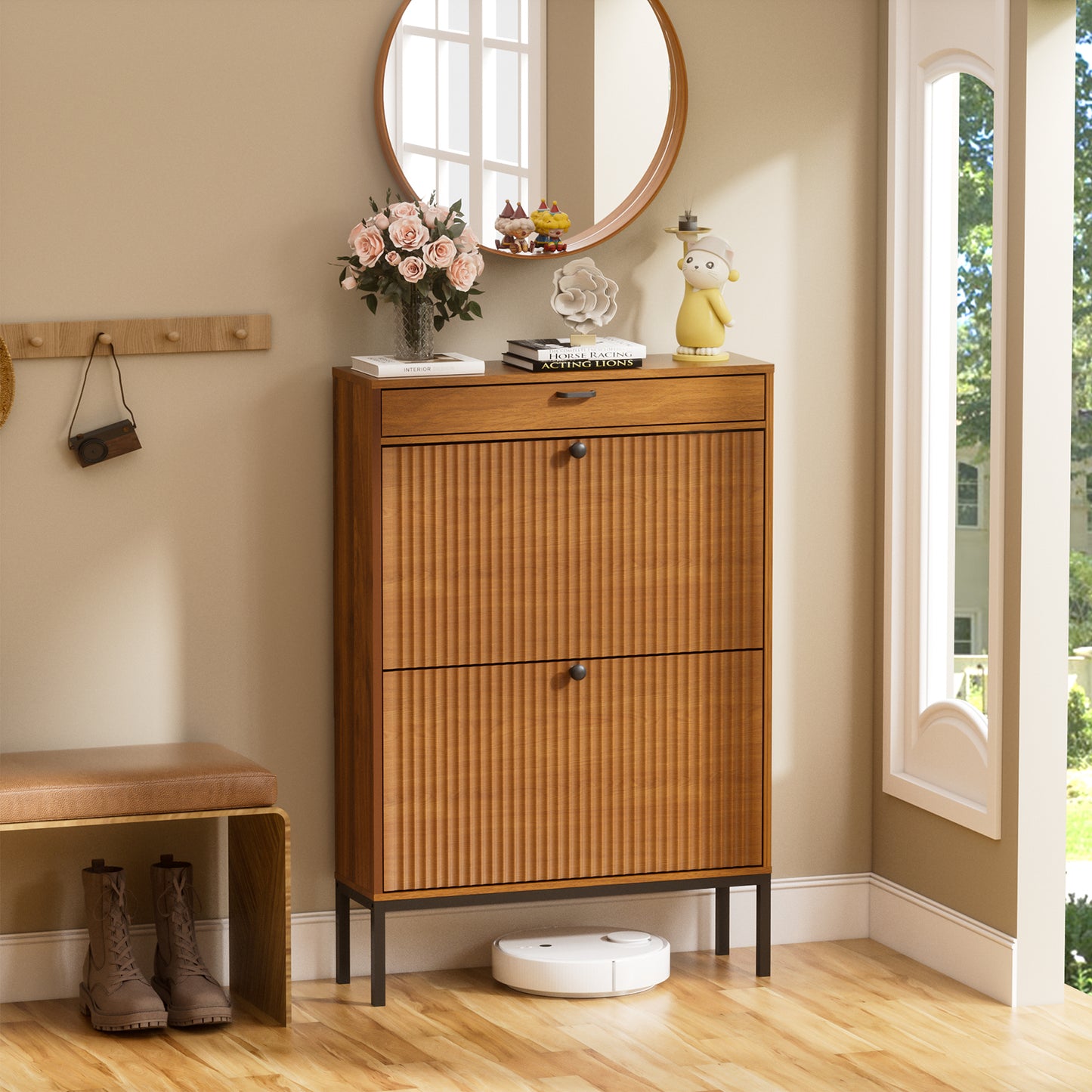 Brafabhome Shoe Storage Cabinet Slim Entryway Shoe Organizer with Half linear Circle Doors
