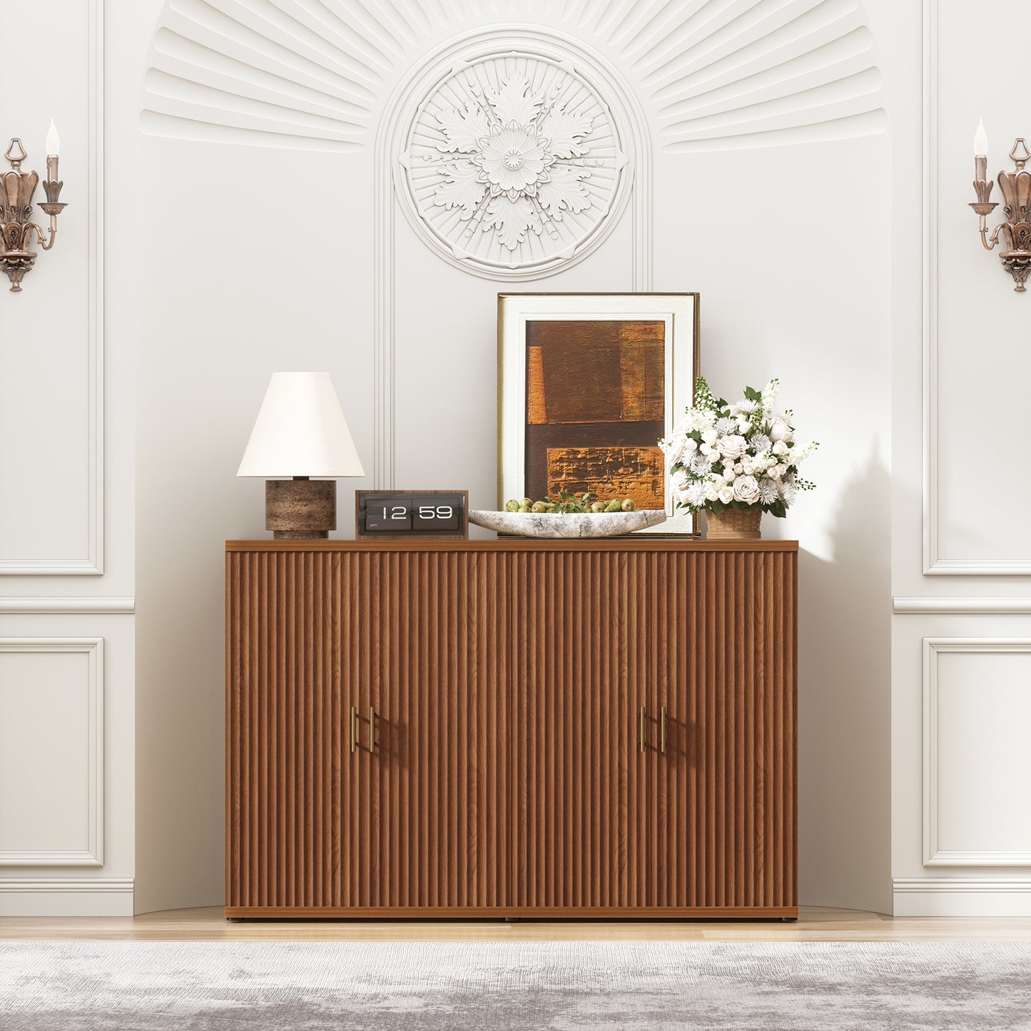 Brafabhome Accent Fluted Sideboard Buffet Cabinet with 4 Doors, Modern Credenza Storage Cabinet with Adjustable & Removable Shelves for Living Room Dinning Room Entryway