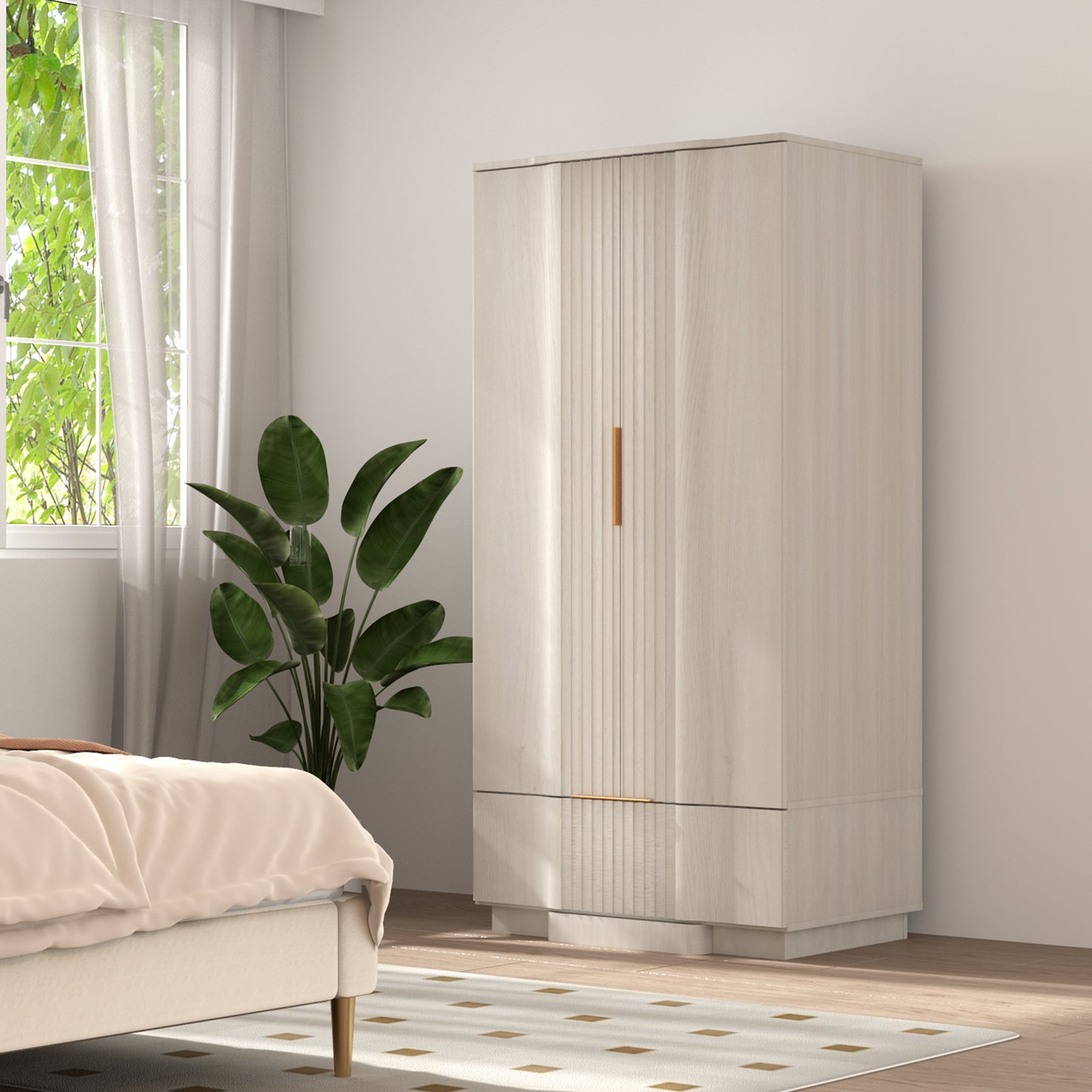 Brafabhome 64" Fluted Armoire Wardrobe Closet with Drawer, Wooden Fluted Doors Wardrobe Cabinet with Adjustable Shelf for Bedroom