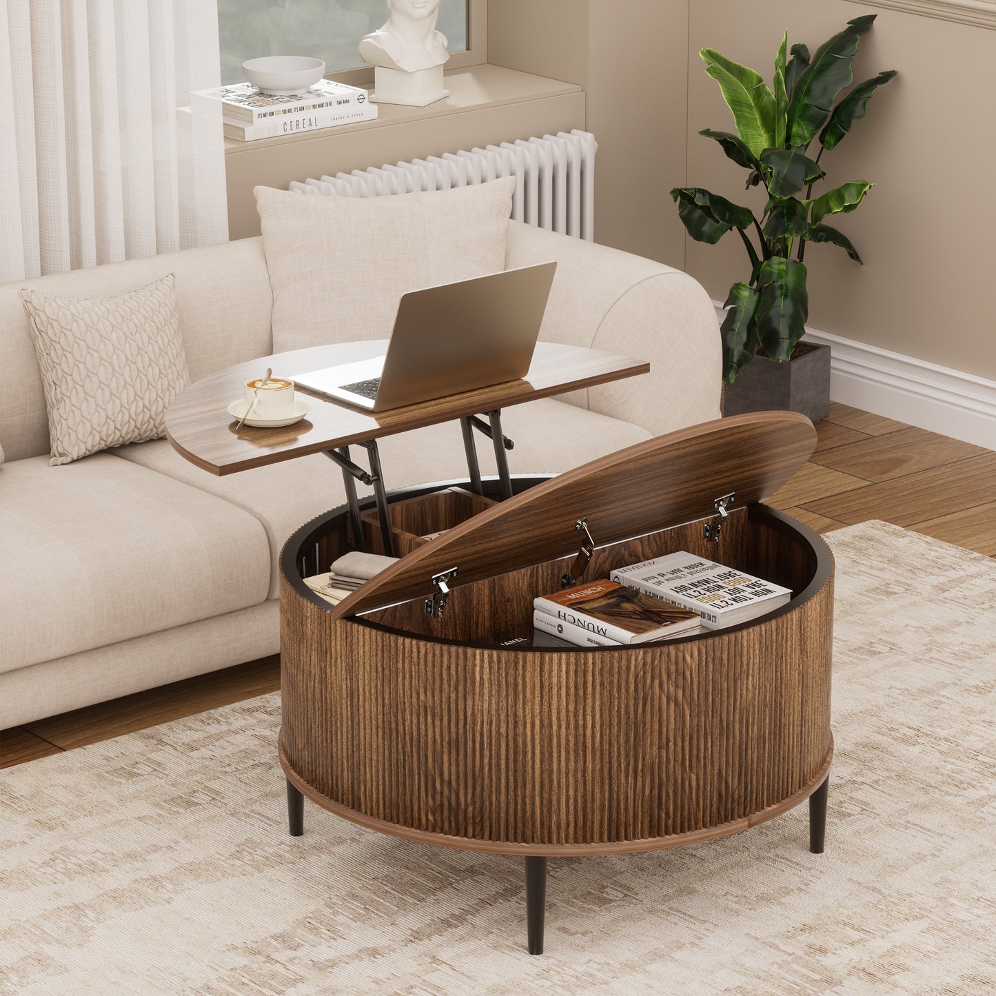Brafabhome Round Lift Top Coffee Table with Storage, 31.5" Flip-top Fluted Cocktail Table, Mid-Century Modern Center Table for Living Room