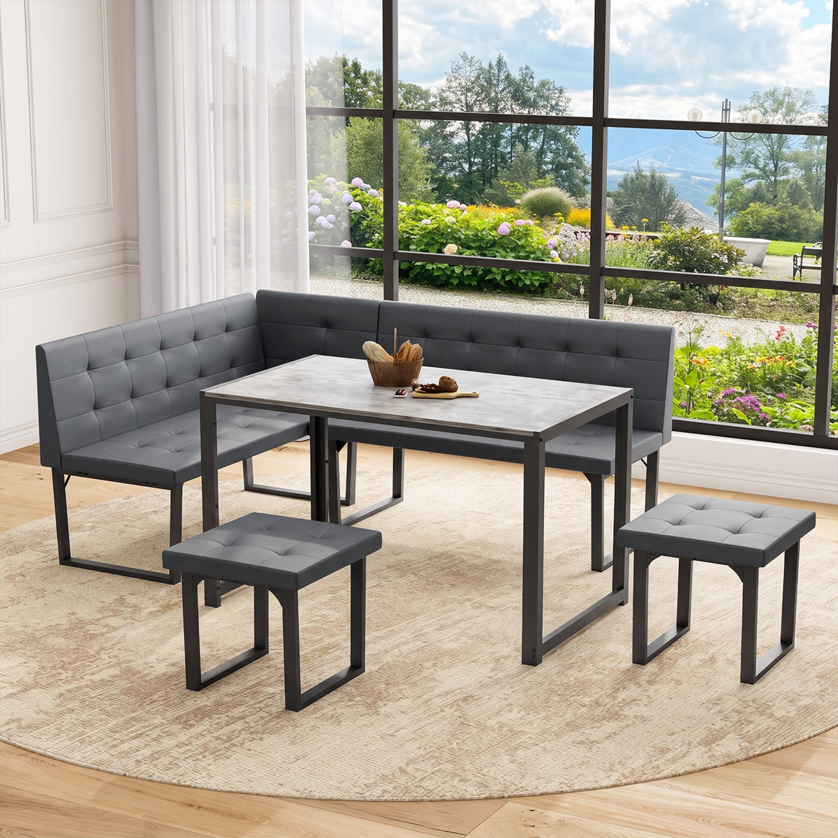 Brafabhome 5 Piece 70 Inch Corner Dining Table Set, Modern L-Shaped Breakfast Nook with Upholstered Banquette, Kitchen Table with Storage for 6, Easy Assembly | Gray