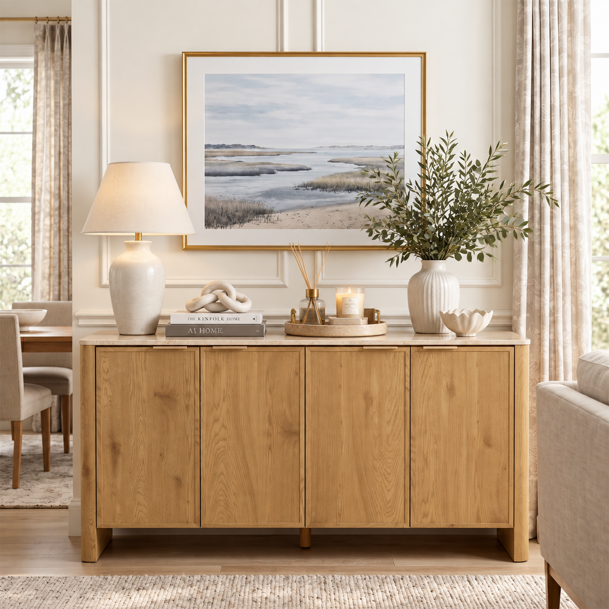 Brafabhome Modern Curved Buffet Cabinet with Storage, 63" Wide Wooden Modular Sideboard Cabinet with Faux Marble Top & Adjustable Shelf for Living Room Dining Room