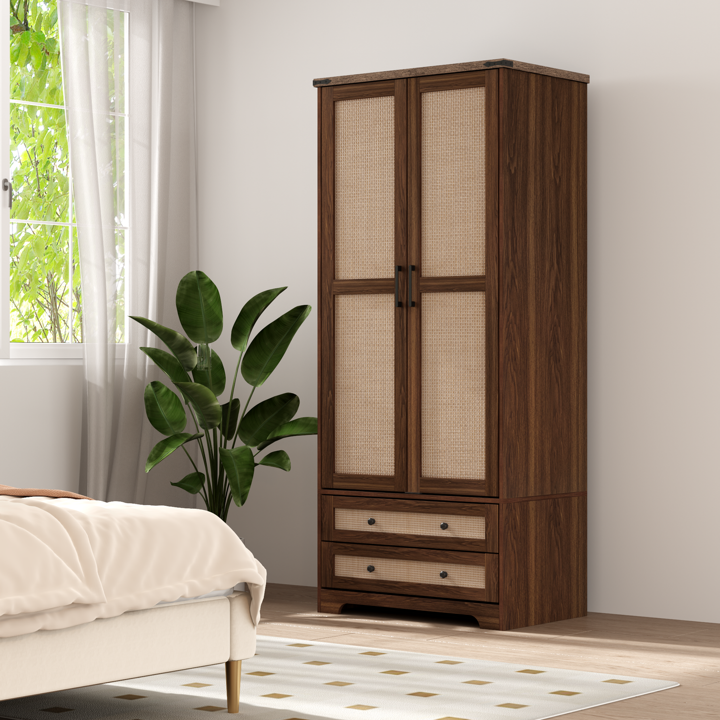 Brafabhome Farmhouse Wood Armoire Wardrobe Closet with 2 Doors, 71" Tall Freestanding Wardrobe Clothes Cabinet with Drawers and Hanging Rod for Bedroom