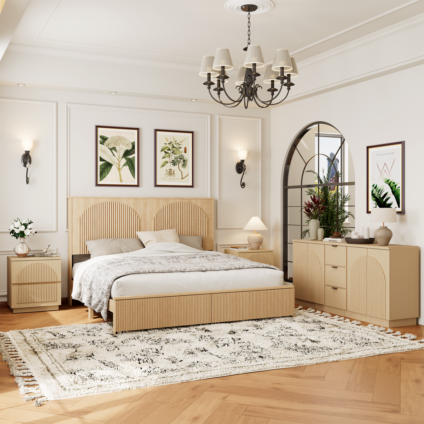 Brafabhome Bed Frame with 52.4" Tall Headboard, Wooden Fluted Bed Frame with 2 Storage Drawers, Modern Arched Reeded Platform Bed, No Box Spring Needed, Natural Oak