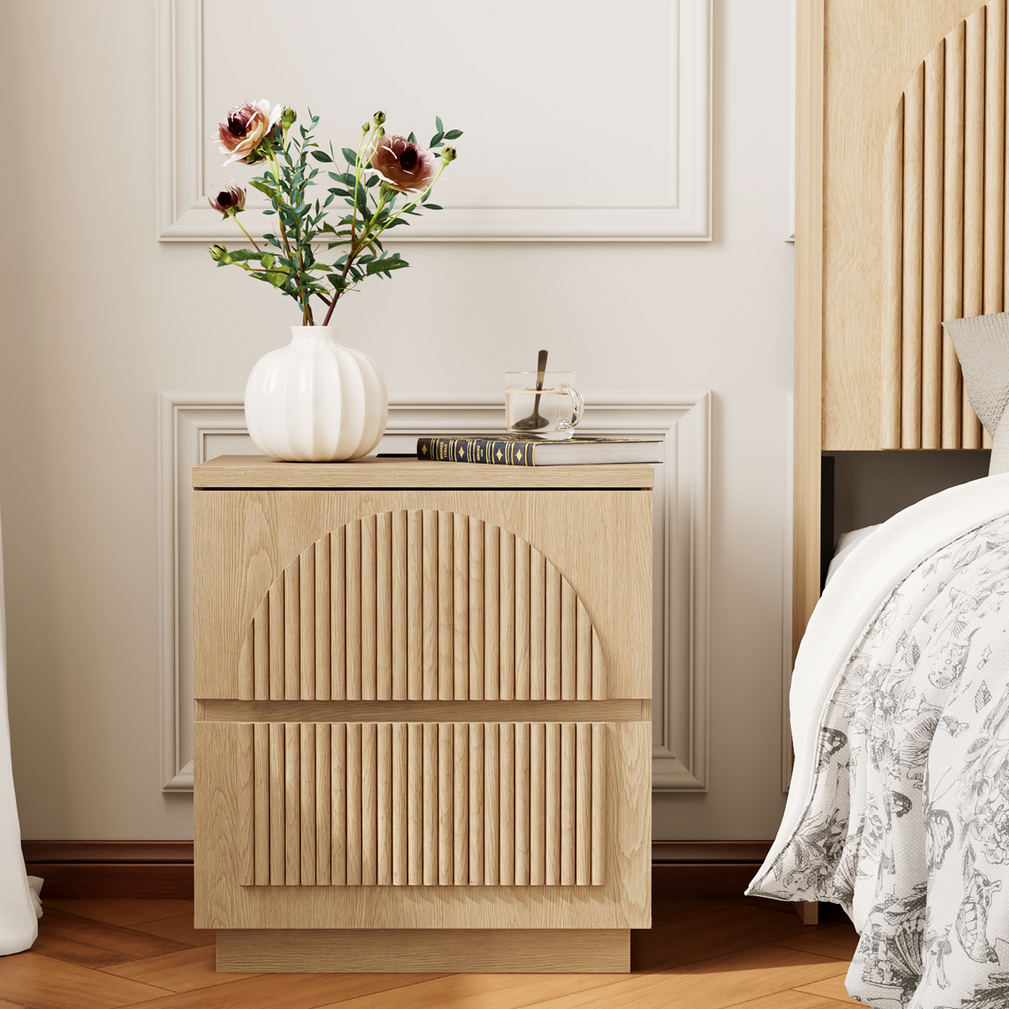 Brafabhome Wood Nightstands with Charging Station, Arched Reeded Night Stand with 2 Drawers, Modern Bedside Tables for Bedroom Living Room