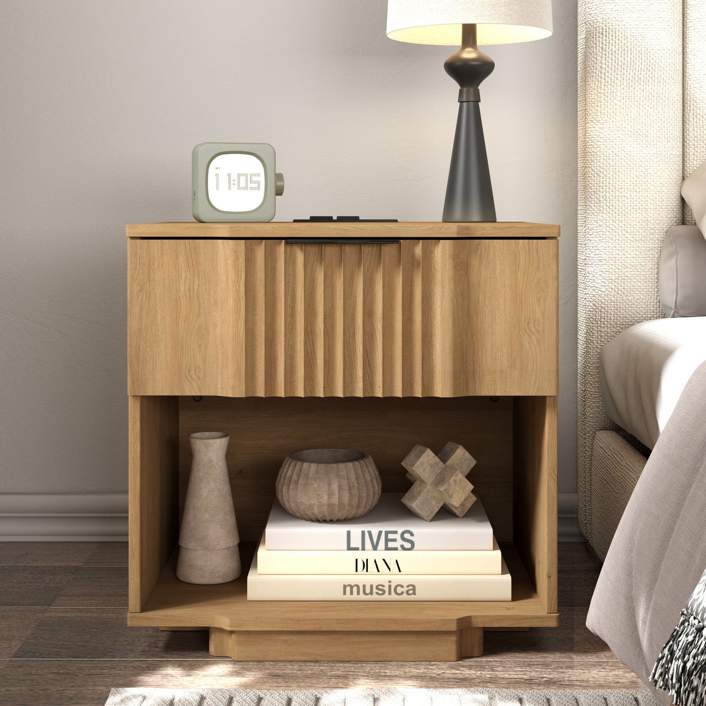 rafabhome Curved Profile Fluted Nightstand with Charging Station, Modern Large Nightstands with Drawer, Wood Bedside Table with Open Shelf for Bedroom Living Room Home Office