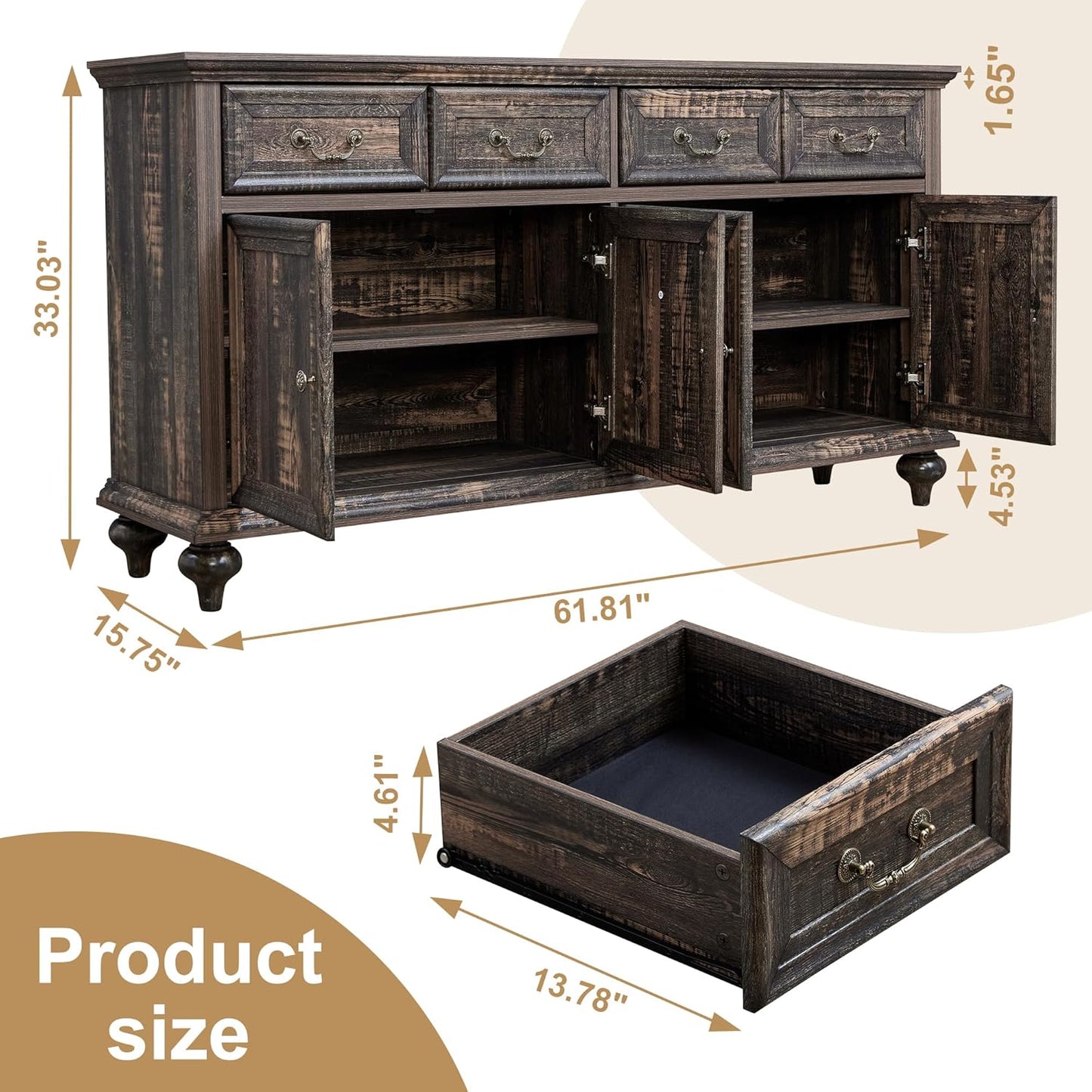Brafabhome 62'' Buffet Cabinet with Storage,Large Sideboard Kitchen Cabinet with 4 Doors and 4 Drawer