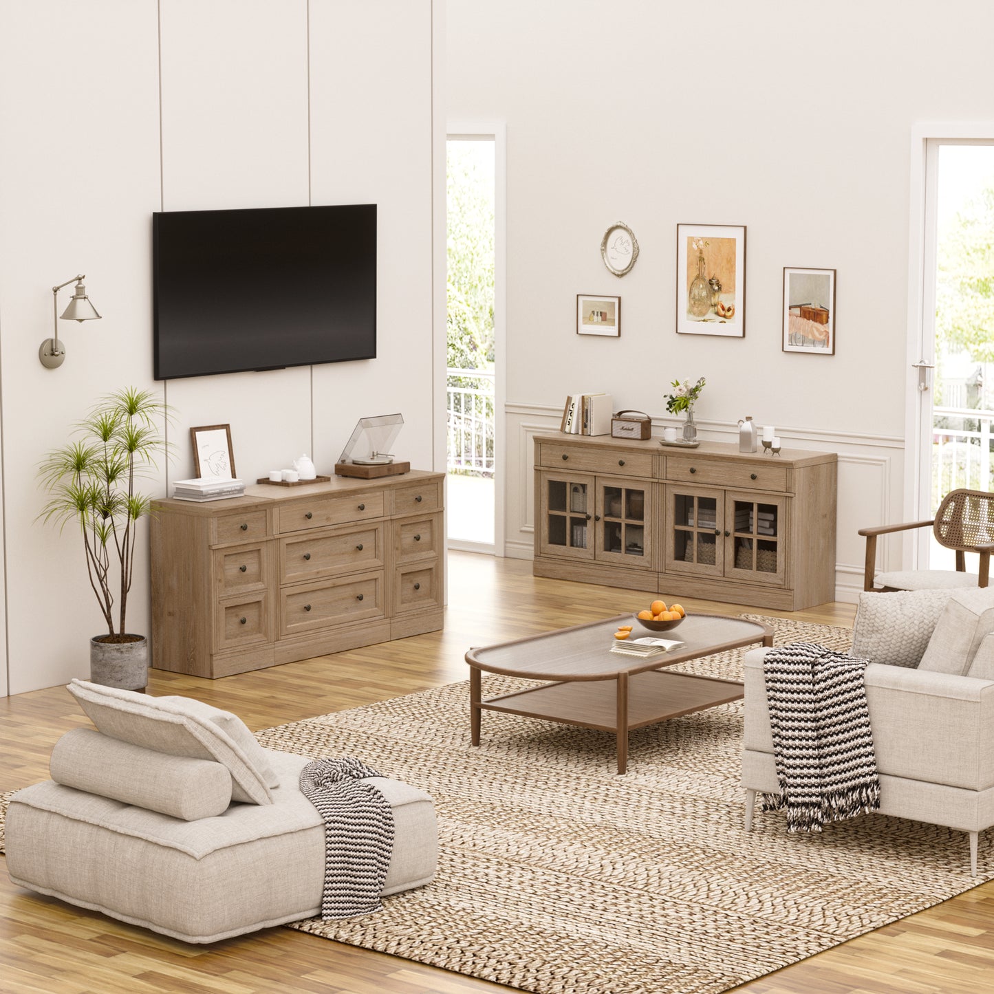 Brafabhome 31.5"W Sideboard Cabinet with Drawer & Glass Doors, Farmhouse Buffet Storage Credenza with Adjustable Shelf, Modern Coffee Bar Console for Living Room Dining Room | Light Oak