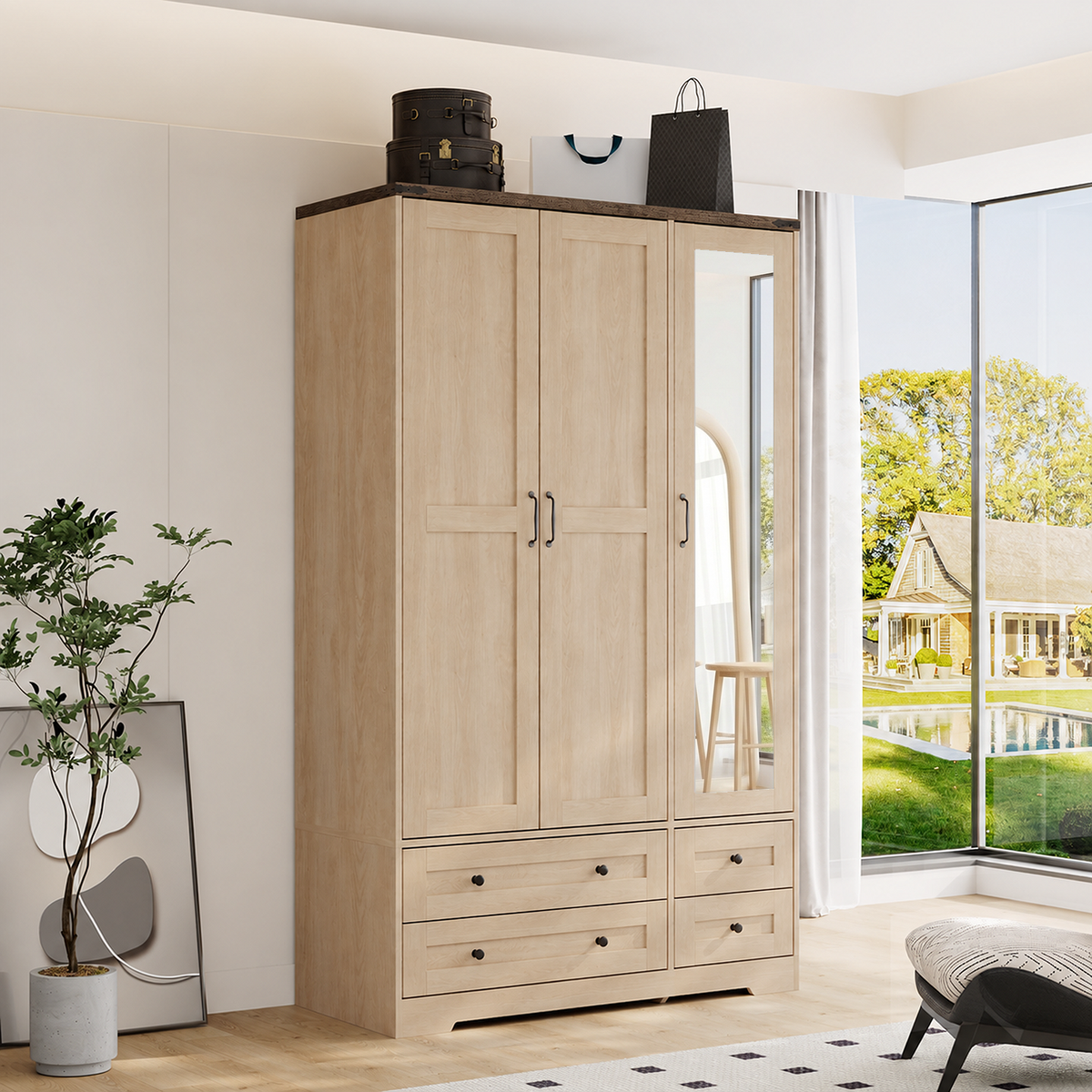 Brafabhome 71"H Wooden Armoire Wardrobe Closet with 4 Drawers, 3 Doors Modern Wardrobe Cabinet with Mirror and Adjustable Shelf for Clothes Coats, White