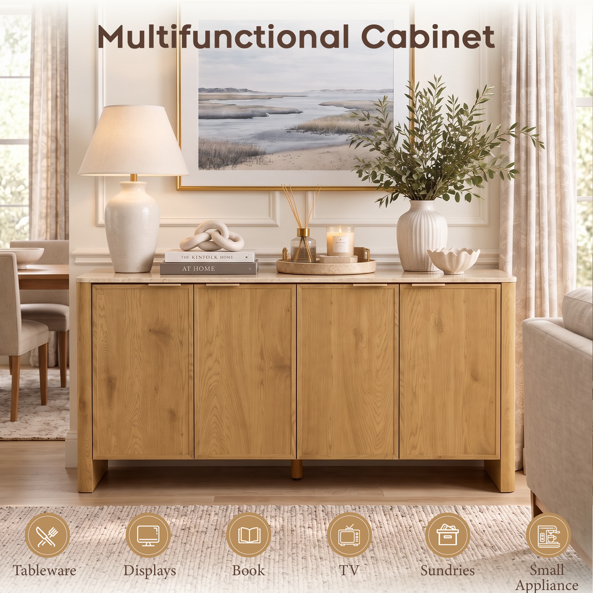 Brafabhome Modern Curved Buffet Cabinet with Storage, 63" Wide Wooden Modular Sideboard Cabinet with Faux Marble Top & Adjustable Shelf for Living Room Dining Room