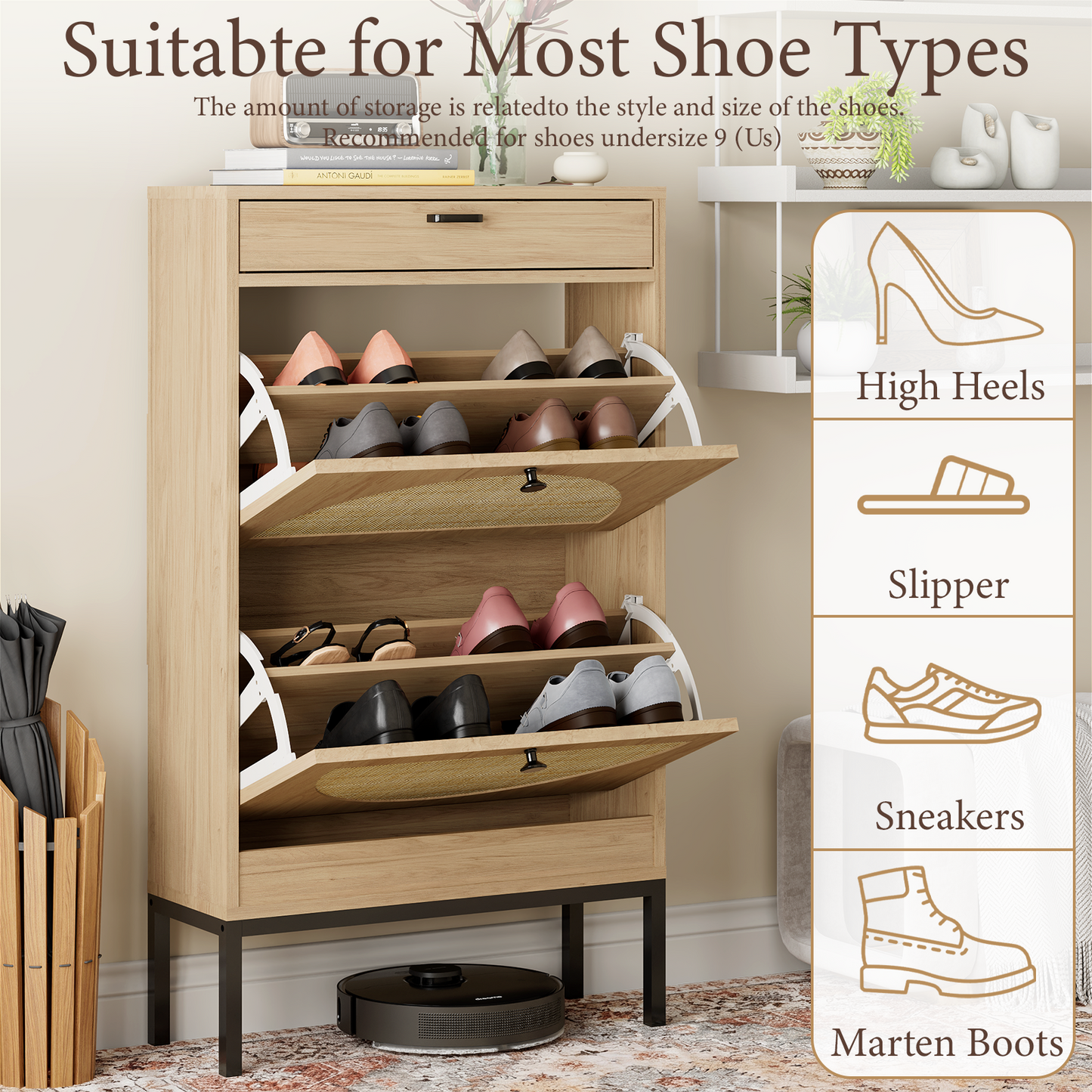 Brafabhome Narrow Shoe Storage Cabinet with 2 Flip Drawers, Rattan Floor Shoe Holder with Shelves & Sturdy Legs for Entryway | 12 Pairs