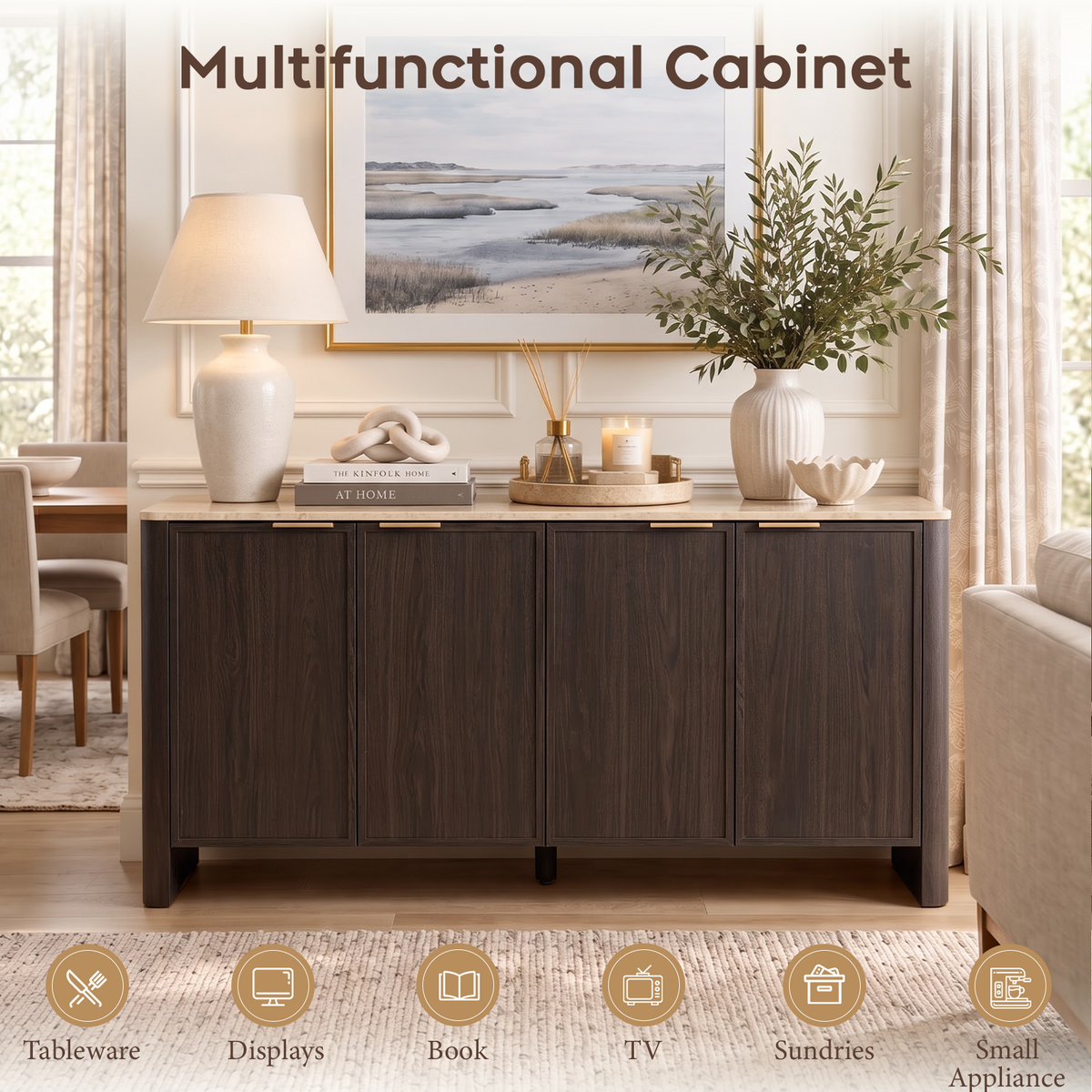 Brafabhome Modern Curved Buffet Cabinet with Storage, 63" Wide Wooden Modular Sideboard Cabinet with Faux Marble Top & Adjustable Shelf for Living Room Dining Room